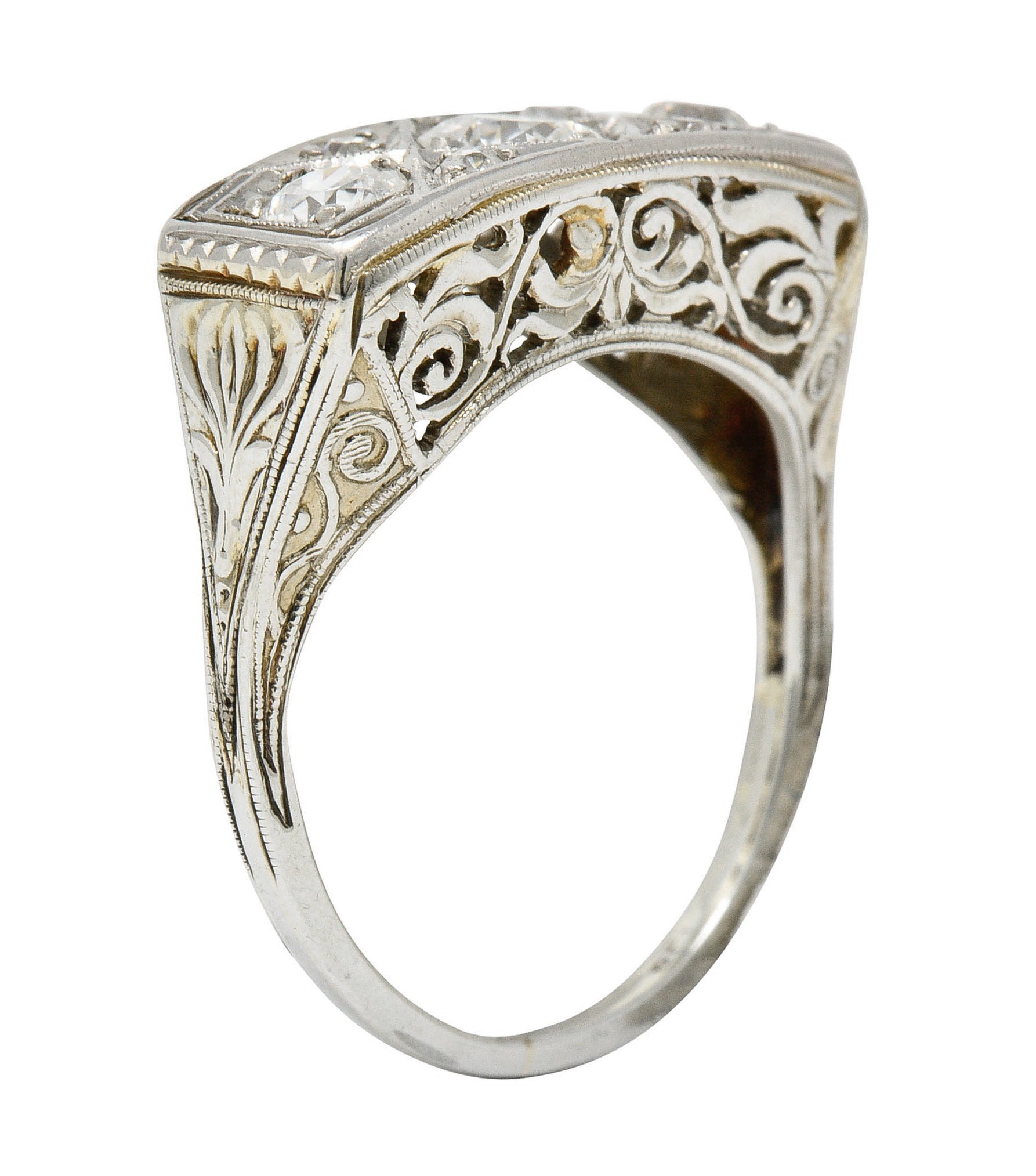 Edwardian 0.87 CTW Diamond Platinum-Topped 18 Karat White Gold Scrolled Band RingRing - Wilson's Estate Jewelry