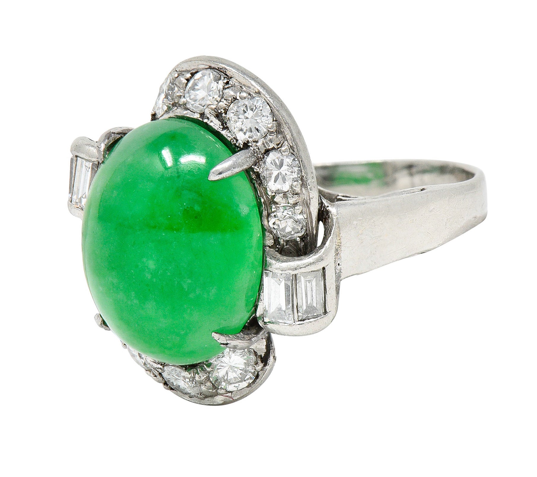 Mid-Century Jadeite Jade Diamond Platinum Bypass Ring GIARing - Wilson's Estate Jewelry