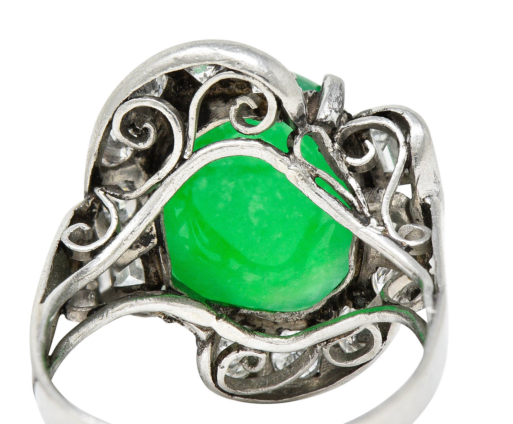 Mid-Century Jadeite Jade Diamond Platinum Bypass Ring GIARing - Wilson's Estate Jewelry