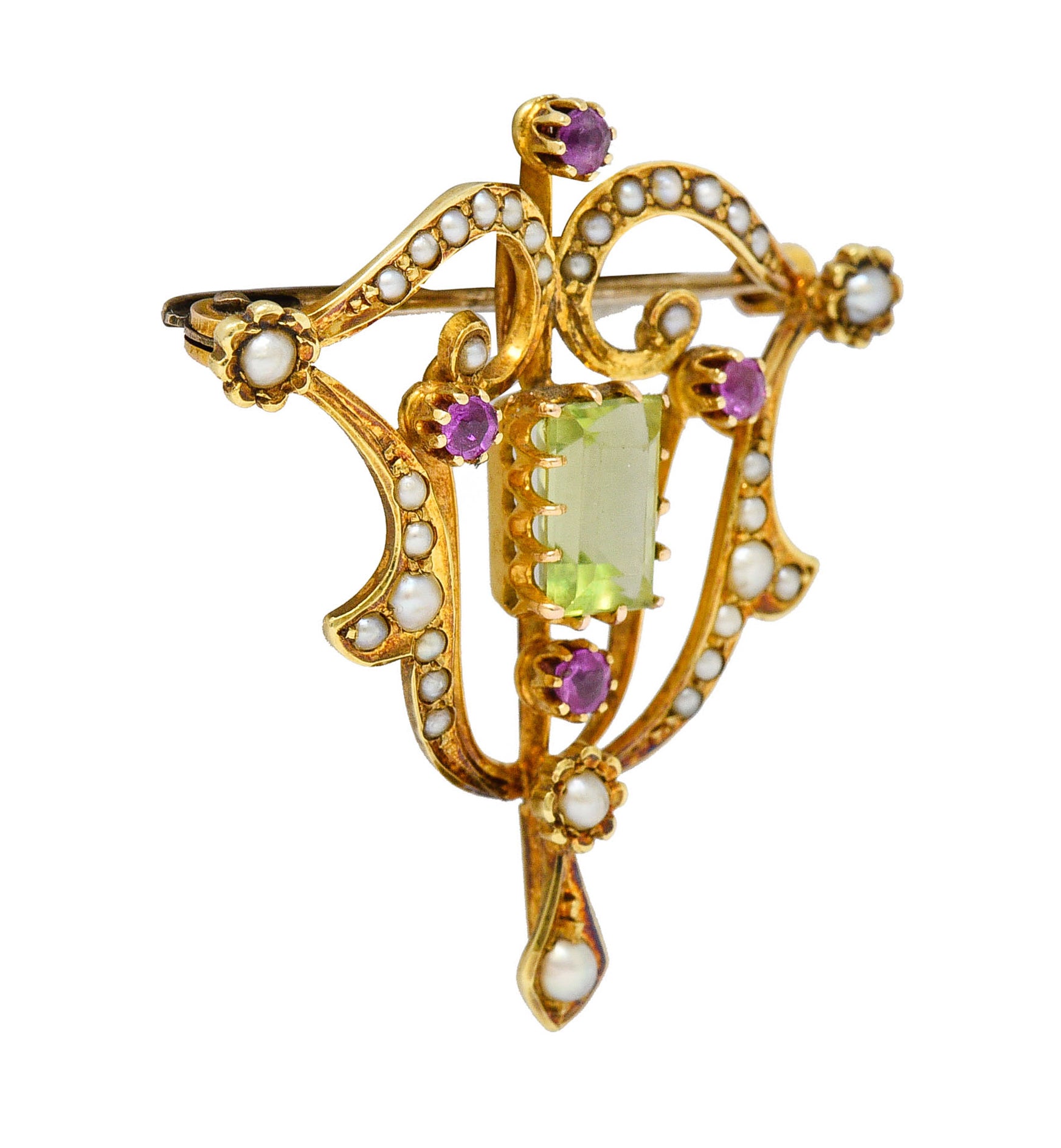 Art Nouveau 2.95 CTW Peridot Ruby Freshwater Natural Pearl 15 Karat Gold Pendant BroochBrooch - Wilson's Estate Jewelry