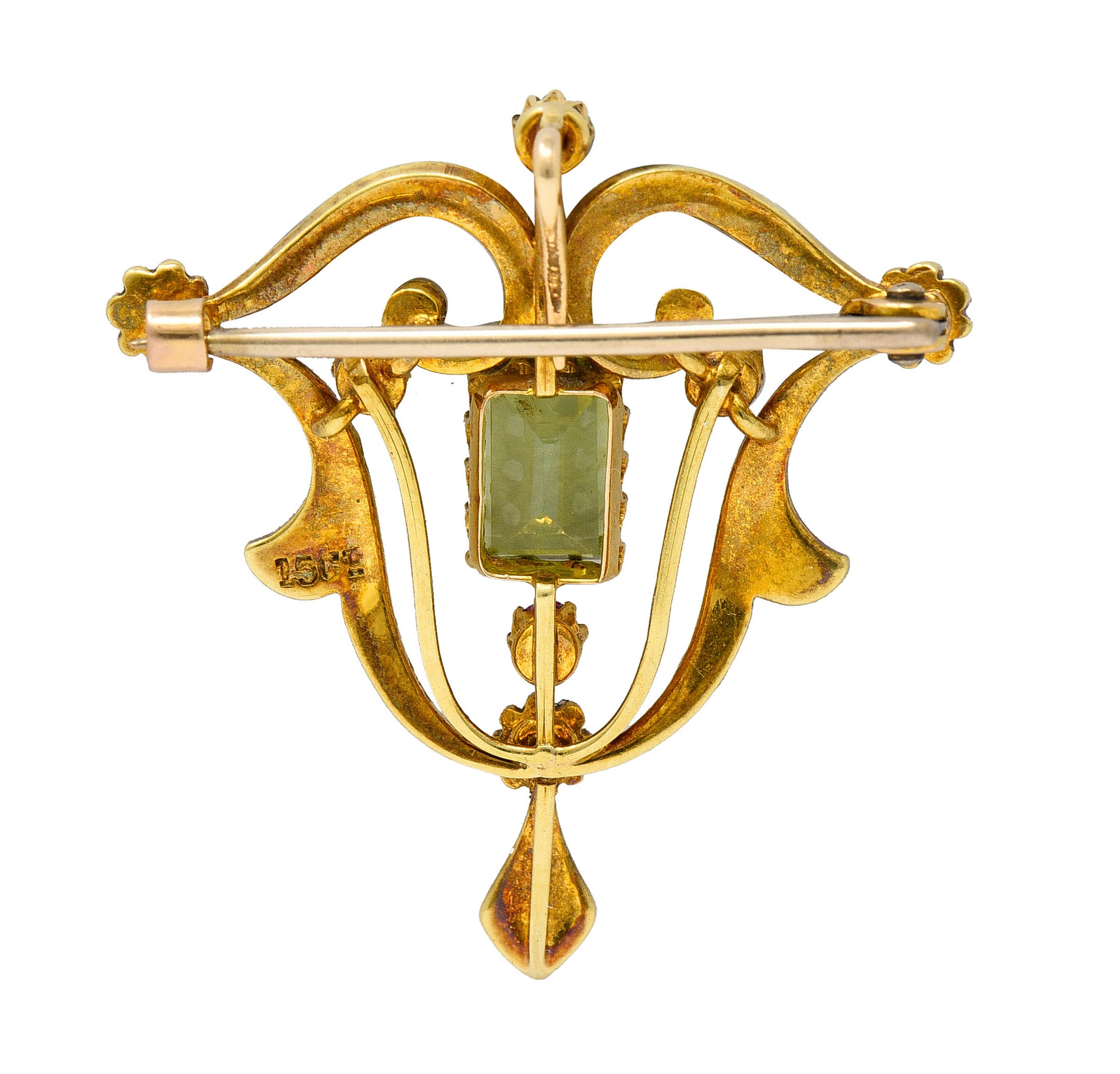 Art Nouveau 2.95 CTW Peridot Ruby Freshwater Natural Pearl 15 Karat Gold Pendant BroochBrooch - Wilson's Estate Jewelry