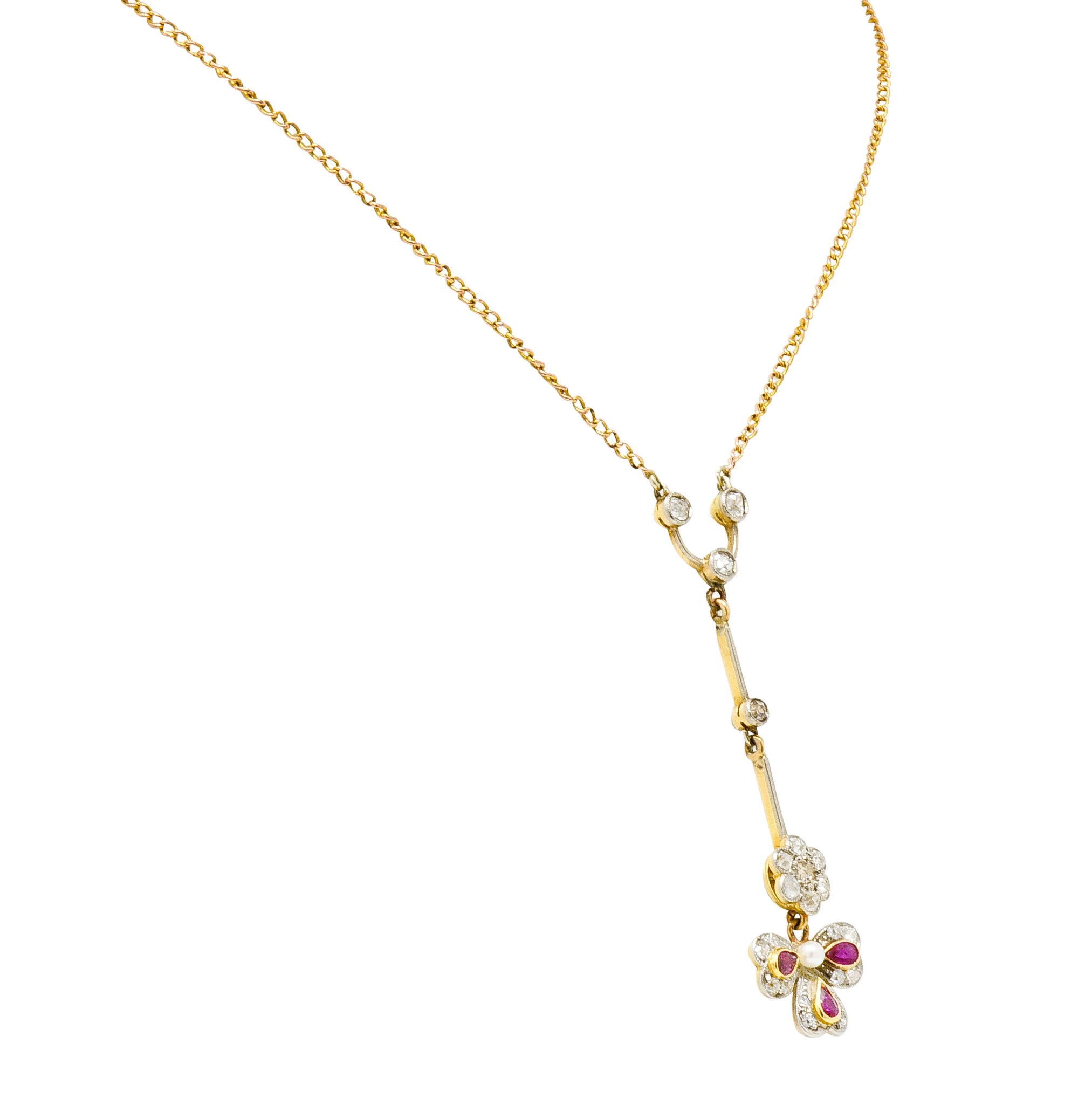 Edwardian Diamond Ruby Pearl Platinum-Topped 18 Karat Gold Floral Drop Necklace - Wilson's Estate Jewelry