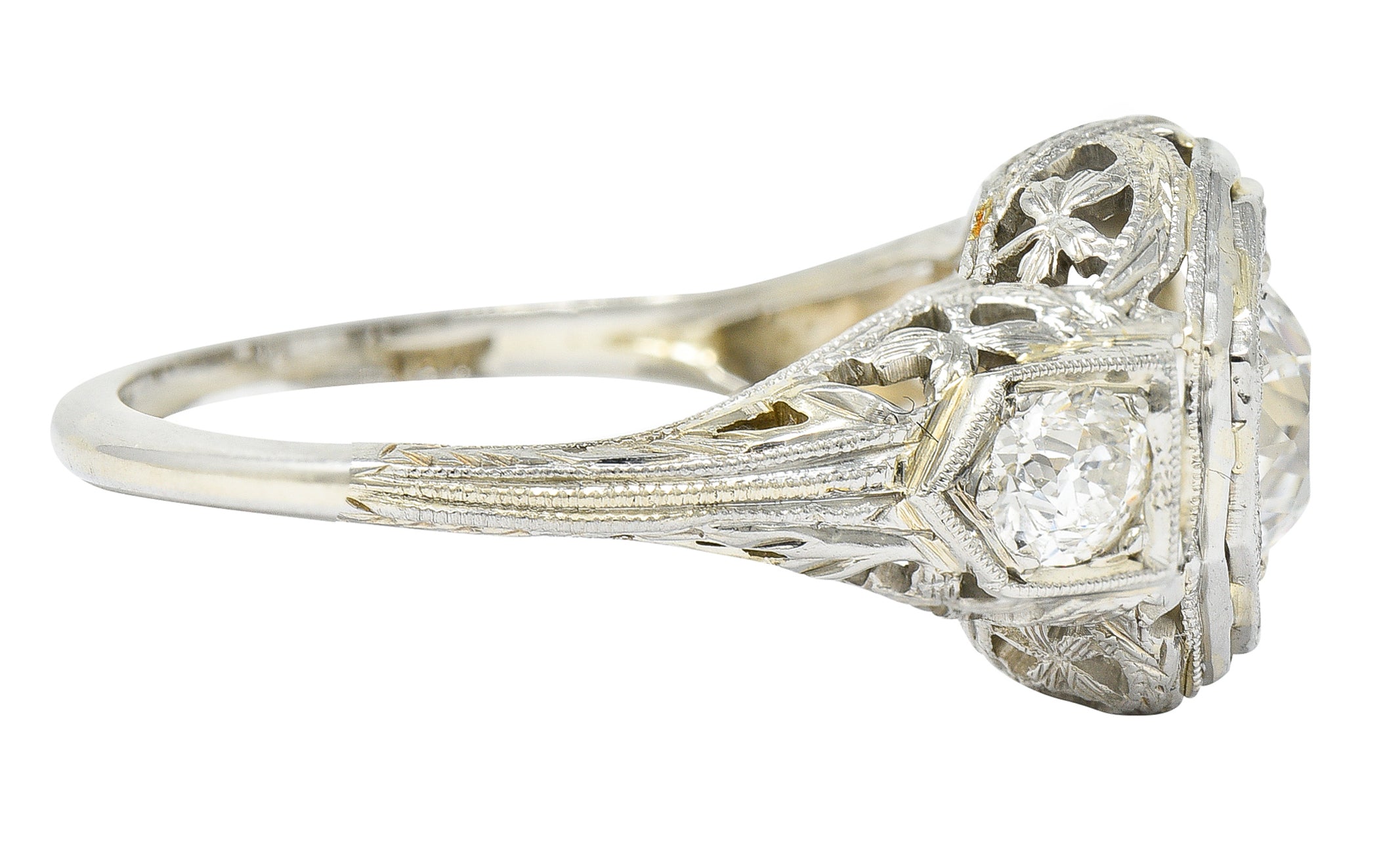 Art Deco 1.41 CTW Diamond 18 Karat White Gold Floral Engagement Ring GIA Wilson's Estate Jewelry