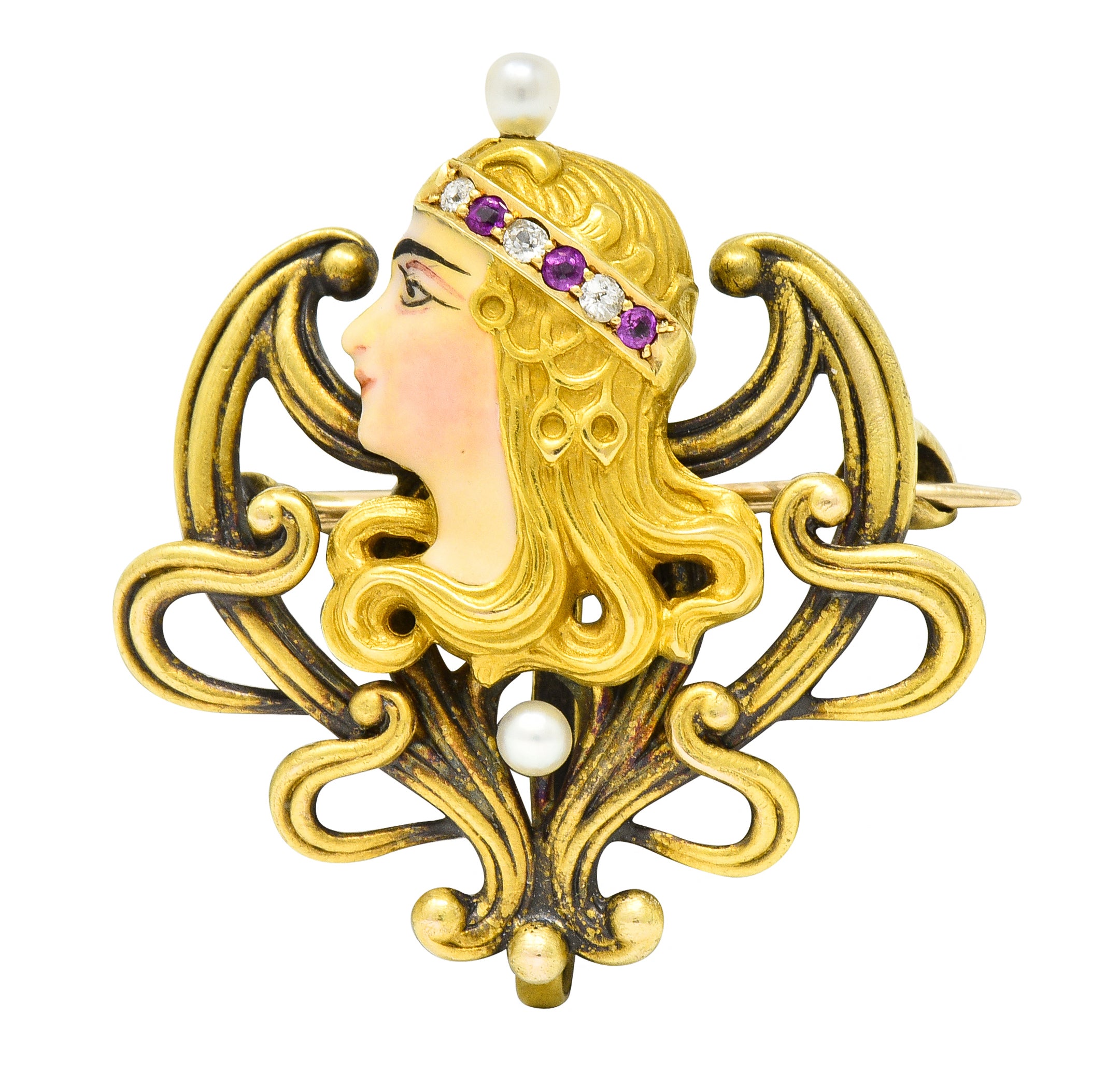 Art Nouveau Enamel Pearl Ruby Diamond 14 Karat Gold Whiplash Empress Pendant Brooch - Wilson's Estate Jewelry