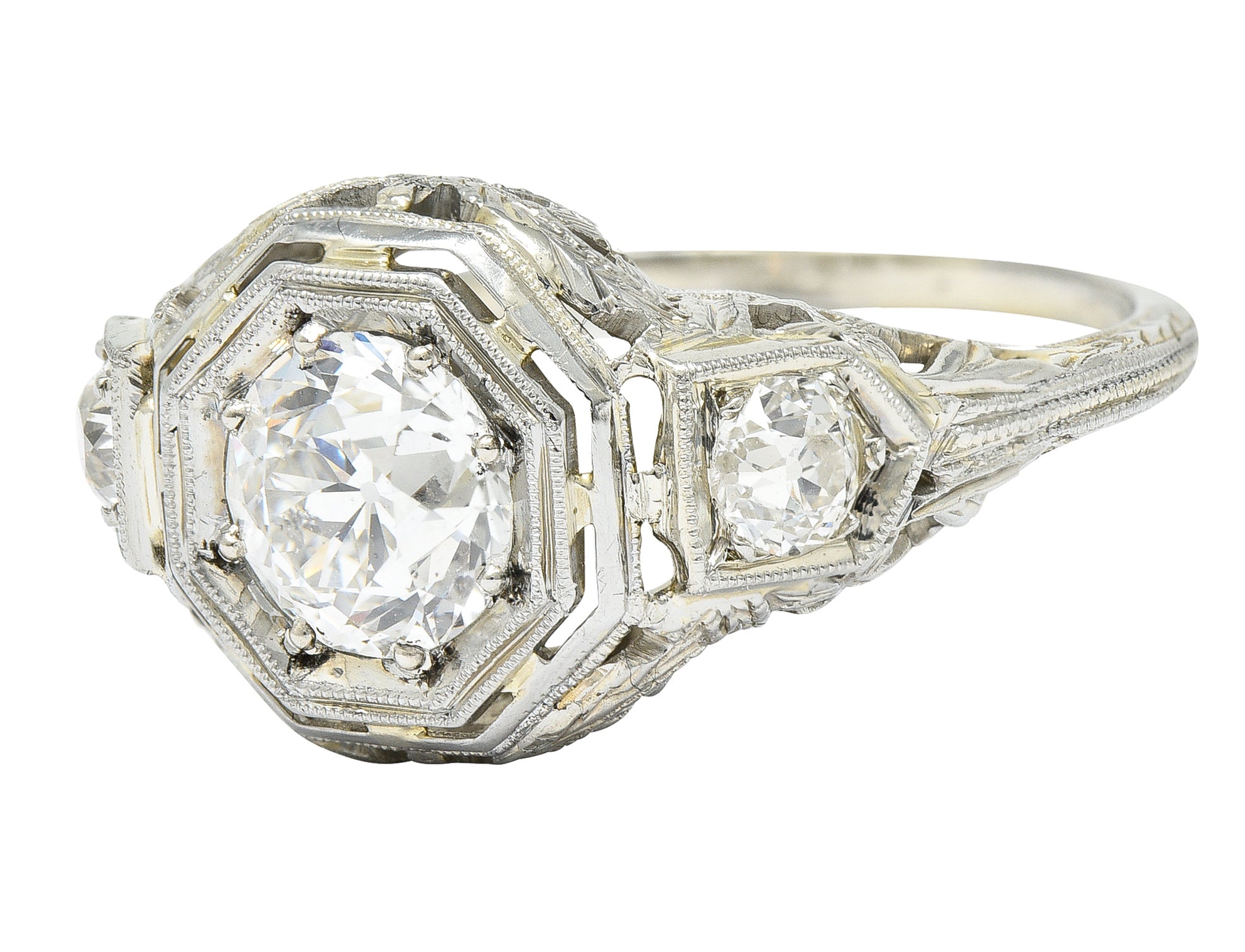 Art Deco 1.41 CTW Diamond 18 Karat White Gold Floral Engagement Ring GIA Wilson's Estate Jewelry