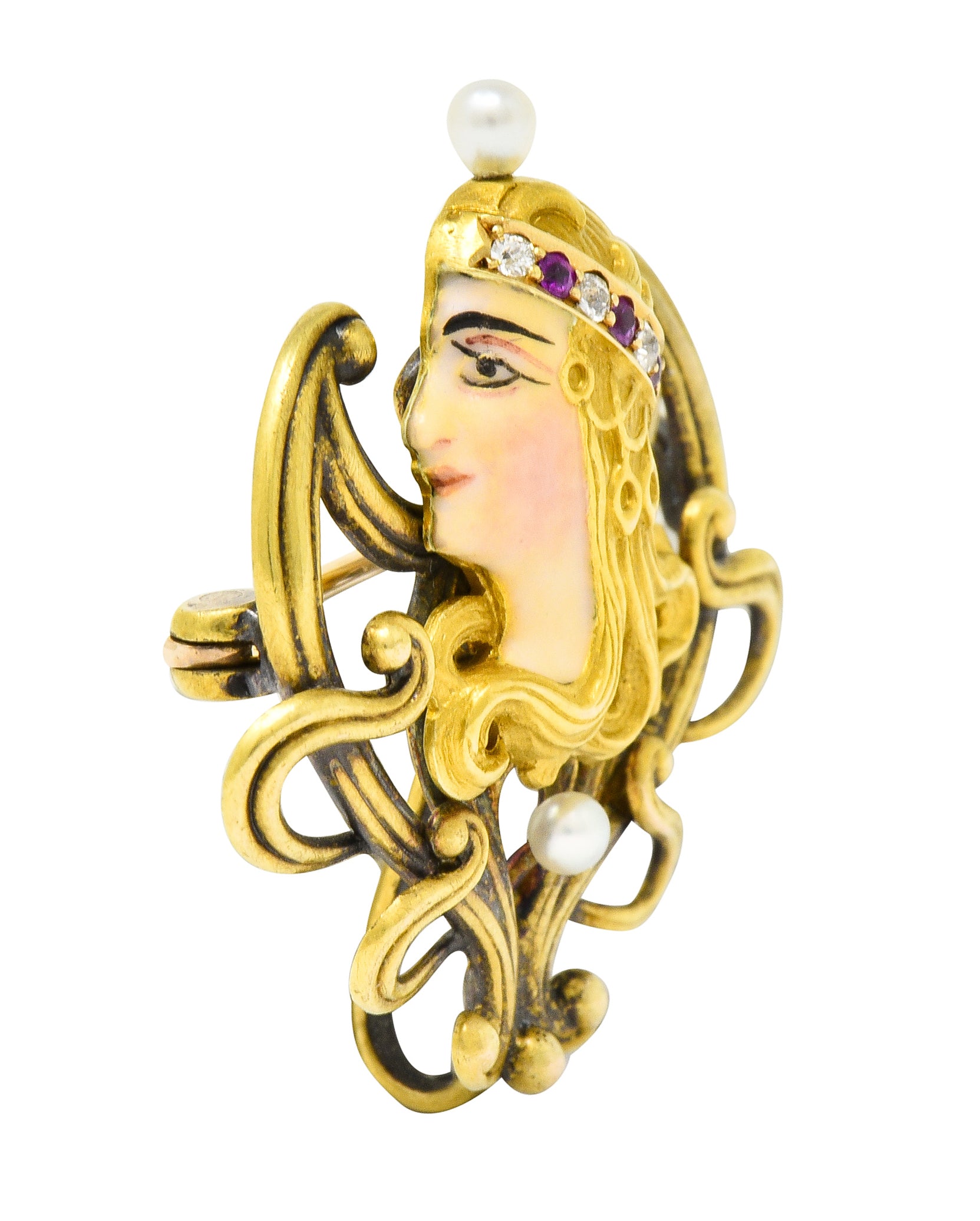 Art Nouveau Enamel Pearl Ruby Diamond 14 Karat Gold Whiplash Empress Pendant Brooch - Wilson's Estate Jewelry