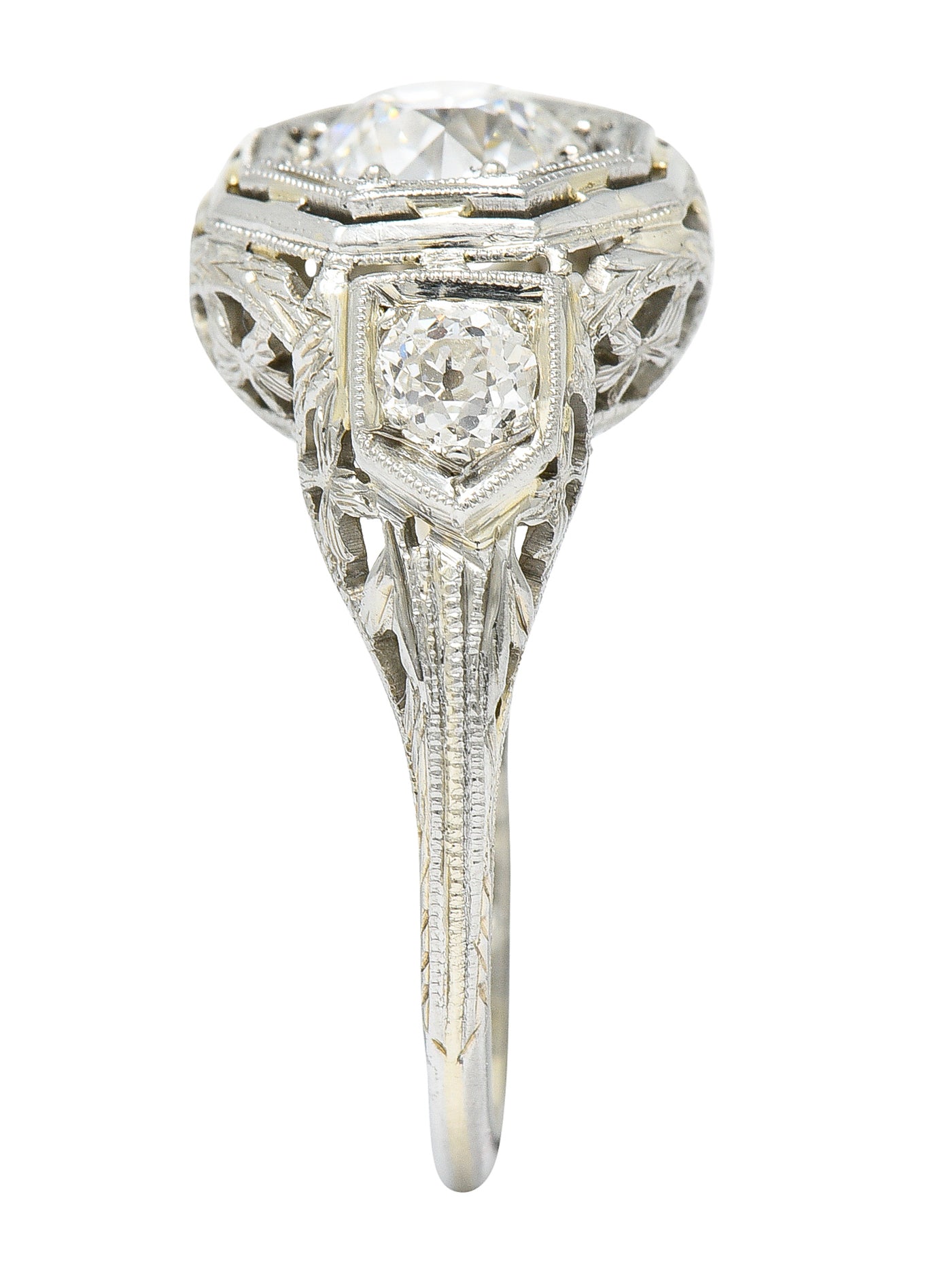 Art Deco 1.41 CTW Diamond 18 Karat White Gold Floral Engagement Ring GIA Wilson's Estate Jewelry