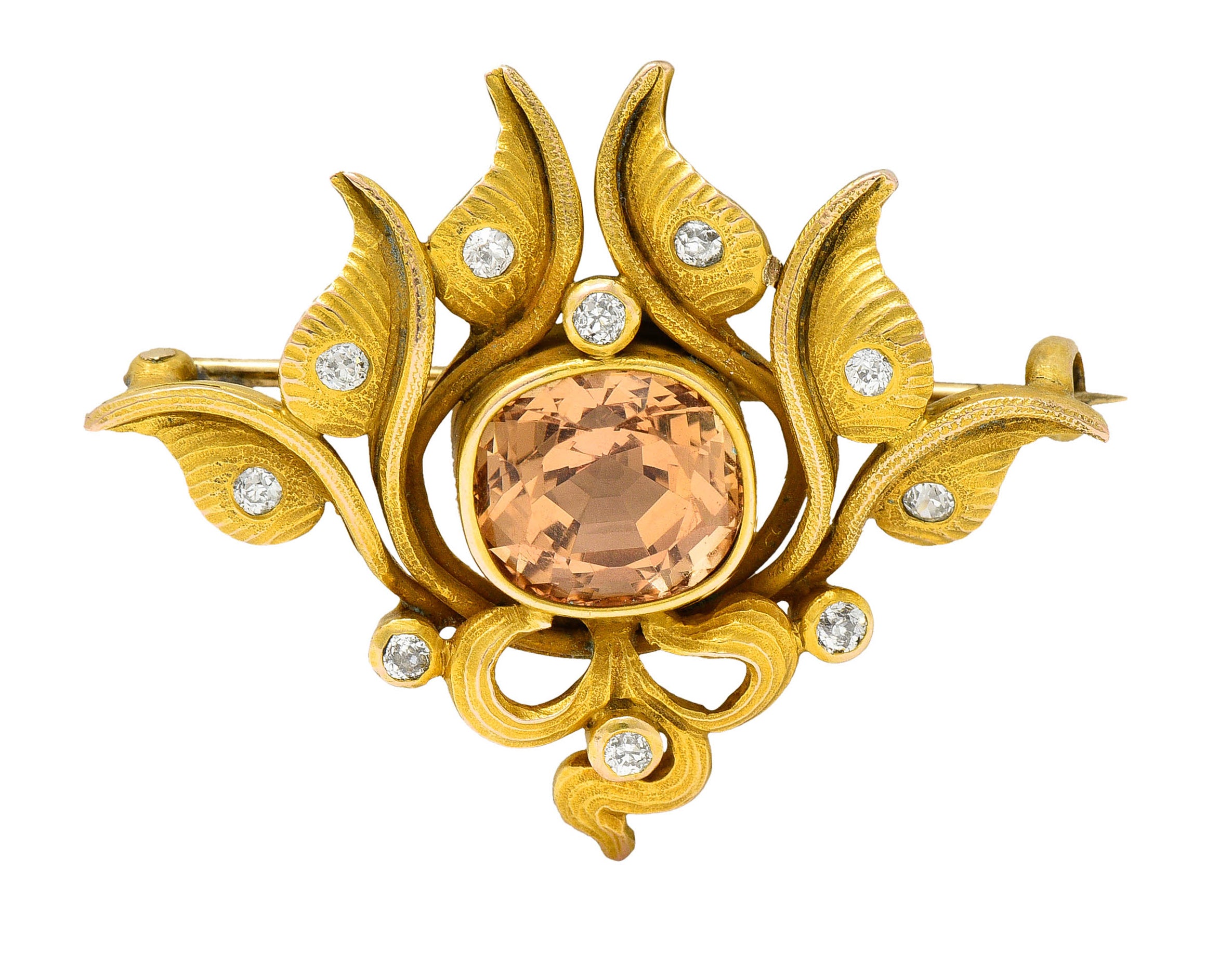 Art Nouveau 5.05 CTW Imperial Topaz Diamond 14 Karat Gold Foliate BroochBrooch - Wilson's Estate Jewelry