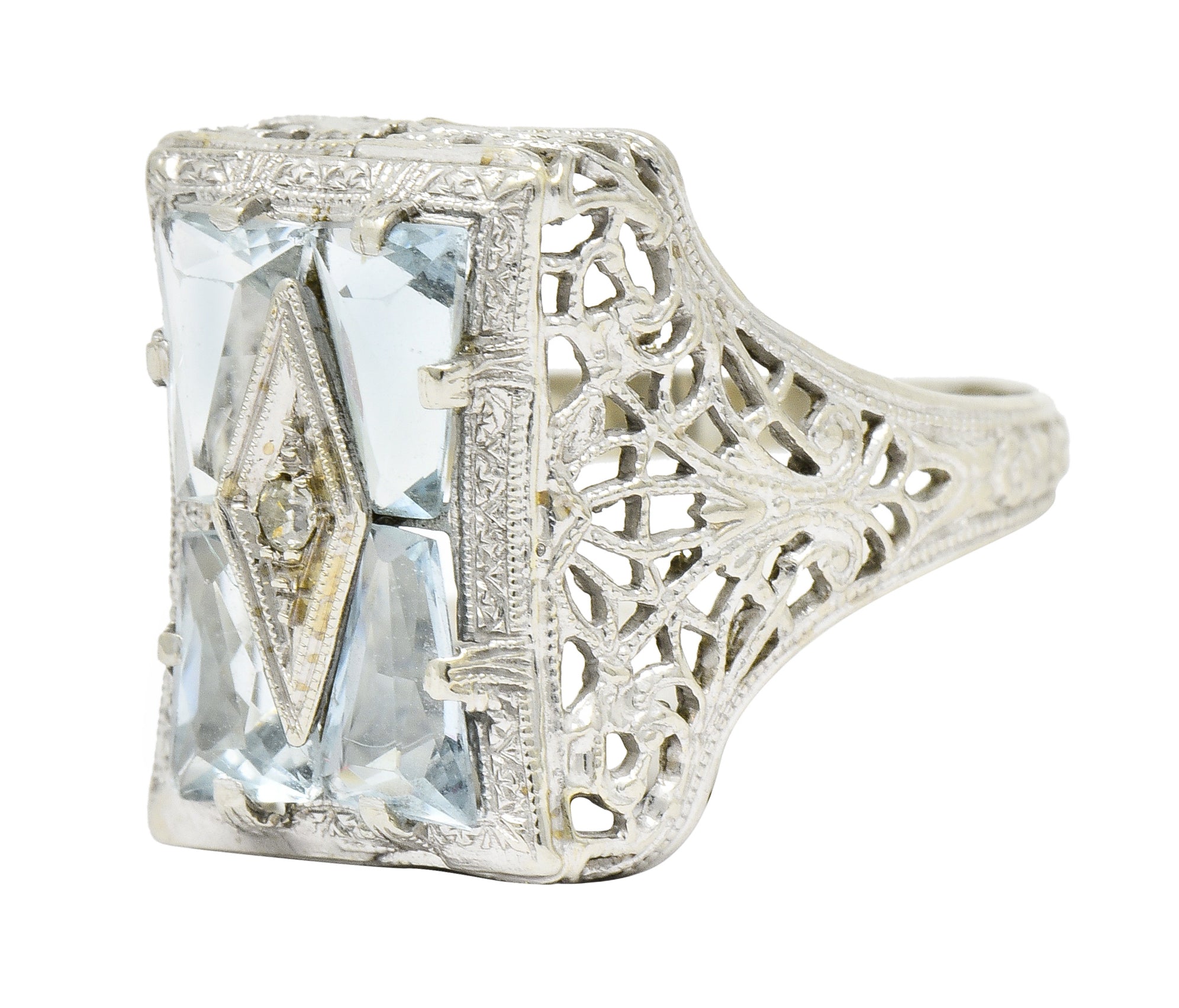 Art Deco Aquamarine Diamond 14 Karat White Gold Floral Dinner Ring - Wilson's Estate Jewelry