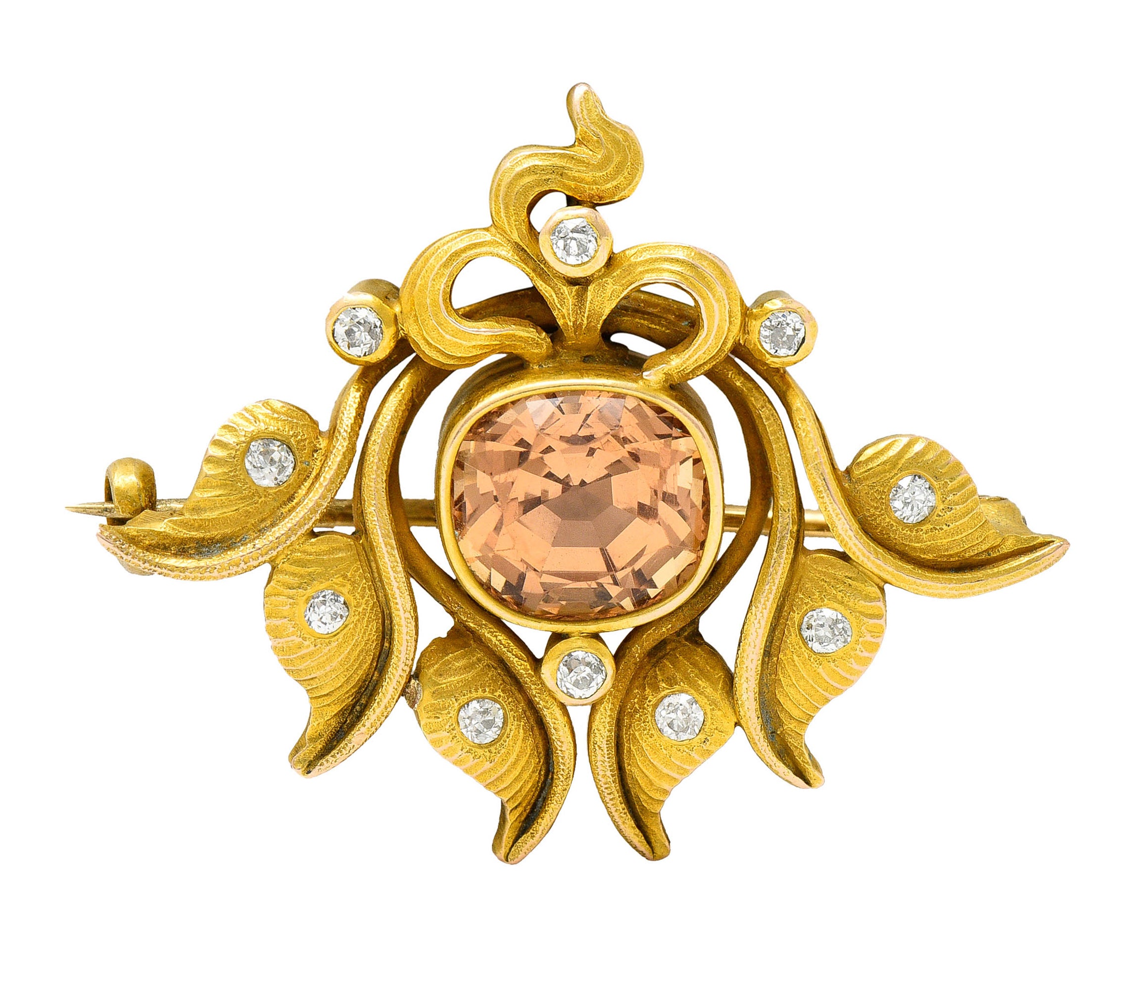 Art Nouveau 5.05 CTW Imperial Topaz Diamond 14 Karat Gold Foliate BroochBrooch - Wilson's Estate Jewelry