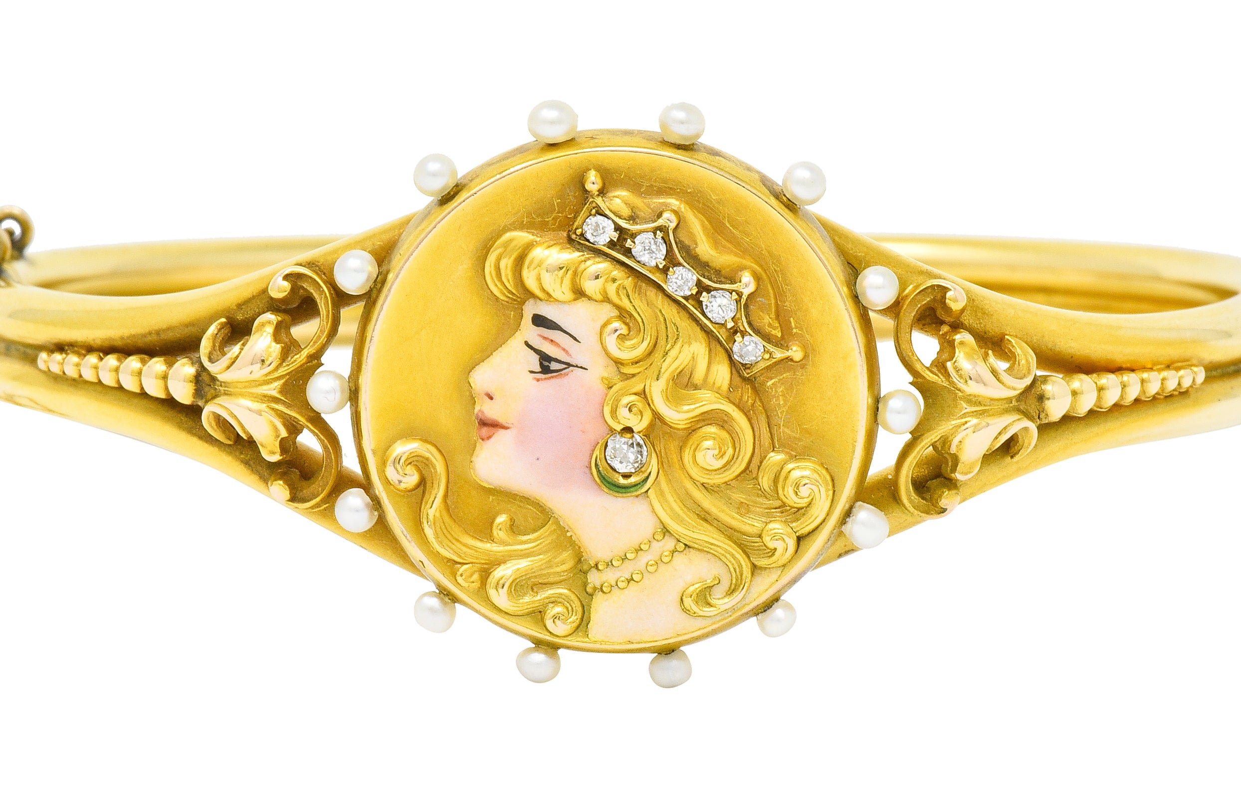 Art Nouveau Enamel Diamond Pearl 14 Karat Gold Princess Bangle Bracelet - Wilson's Estate Jewelry