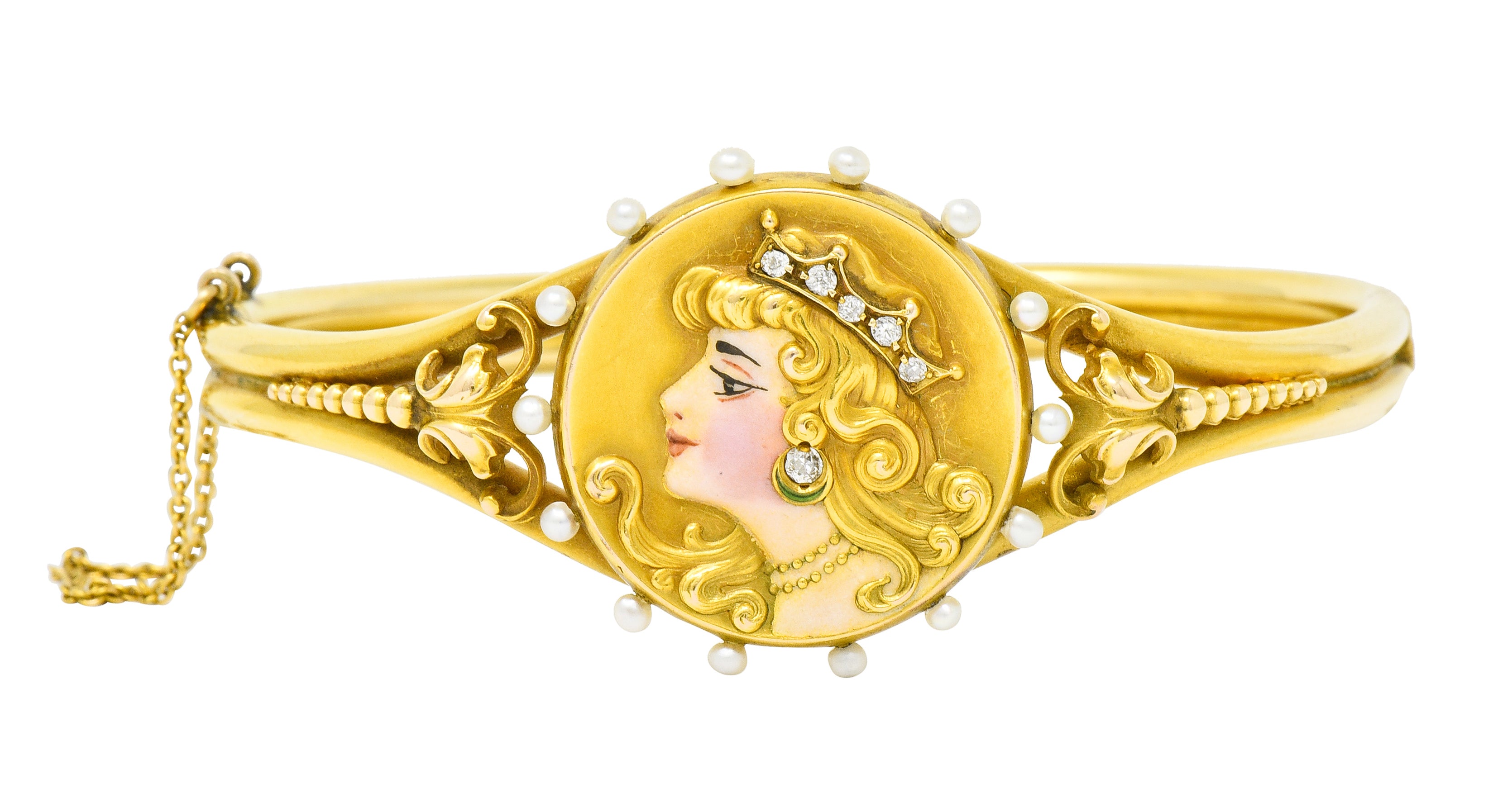 Art Nouveau Enamel Diamond Pearl 14 Karat Gold Princess Bangle Bracelet - Wilson's Estate Jewelry