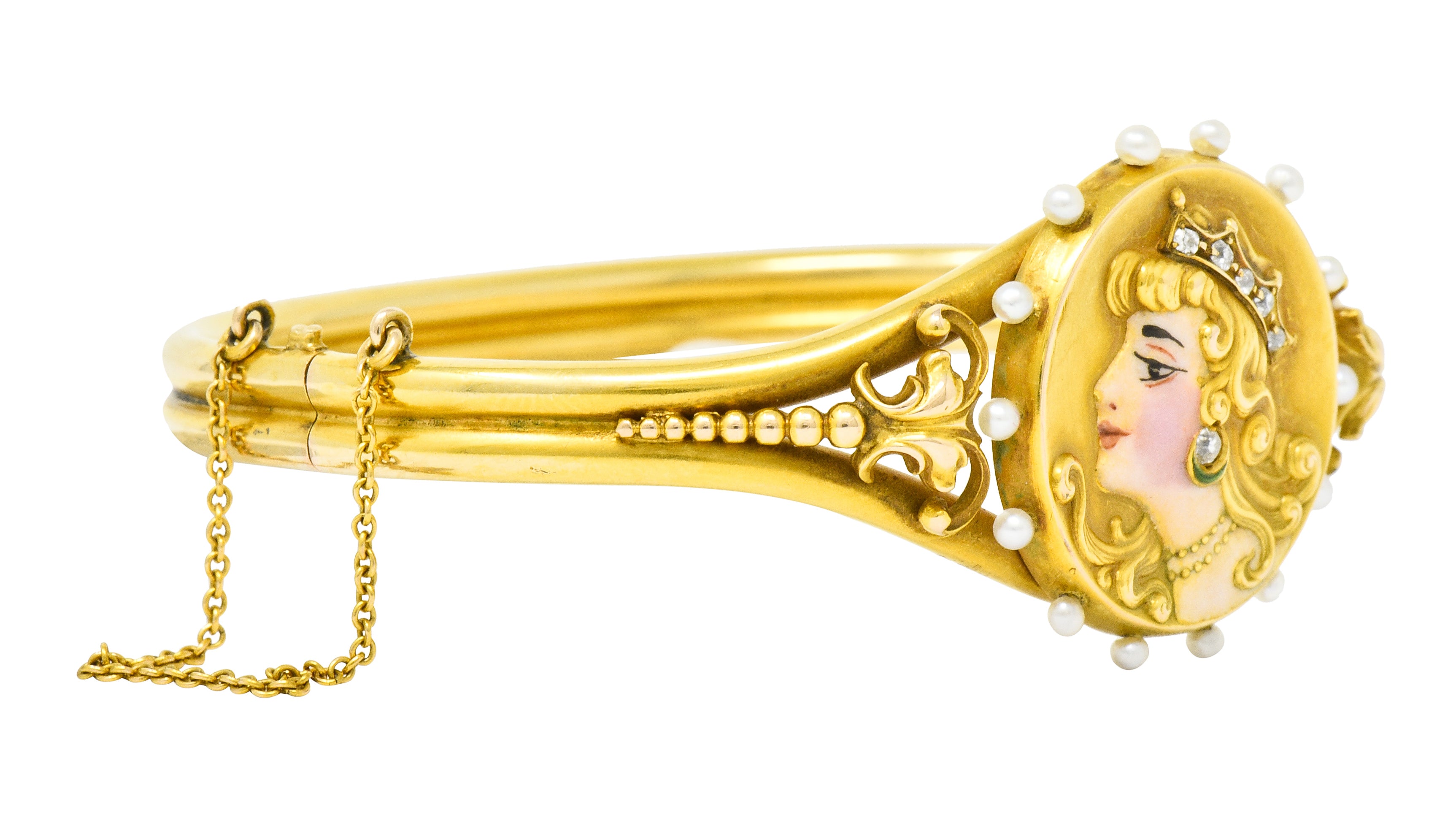 Art Nouveau Enamel Diamond Pearl 14 Karat Gold Princess Bangle Bracelet - Wilson's Estate Jewelry