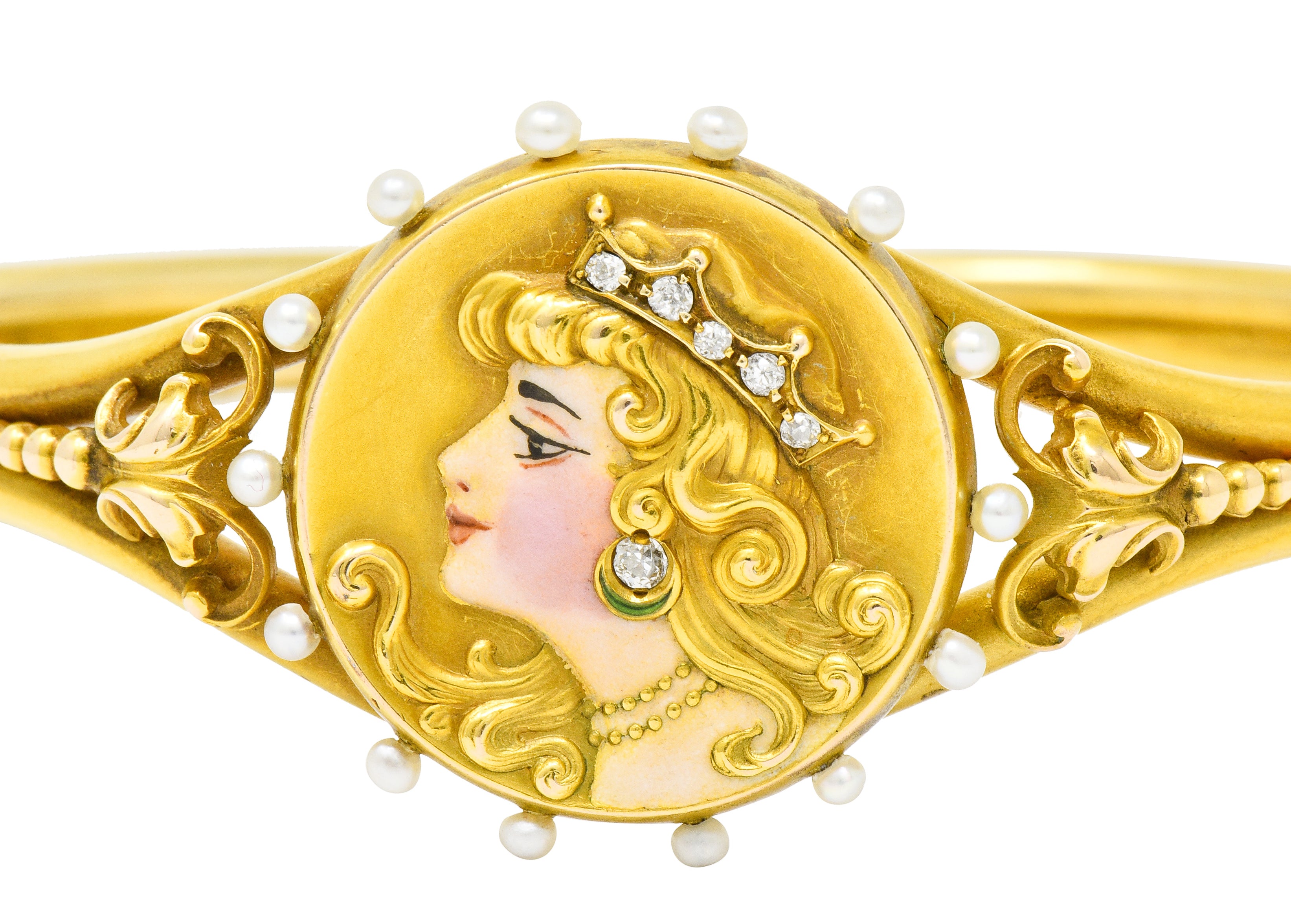 Art Nouveau Enamel Diamond Pearl 14 Karat Gold Princess Bangle Bracelet - Wilson's Estate Jewelry