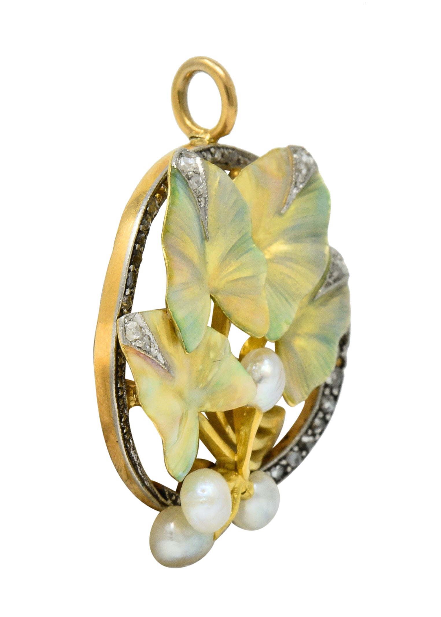 Art Nouveau Enamel Pearl Diamond Platinum-Topped 18 Karat Two-Tone Gold Ivy Broochcharm - Wilson's Estate Jewelry