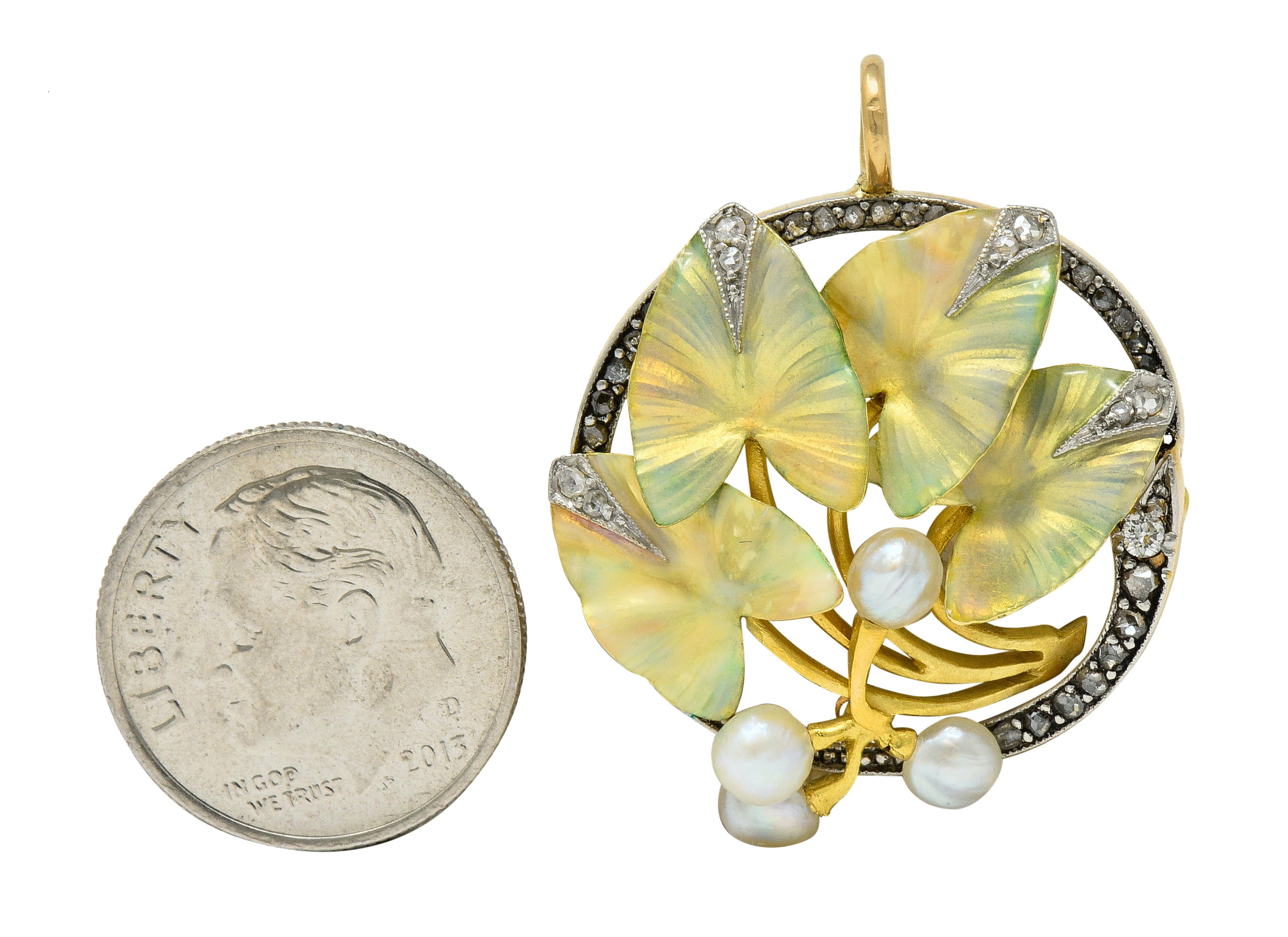 Art Nouveau Enamel Pearl Diamond Platinum-Topped 18 Karat Two-Tone Gold Ivy Broochcharm - Wilson's Estate Jewelry