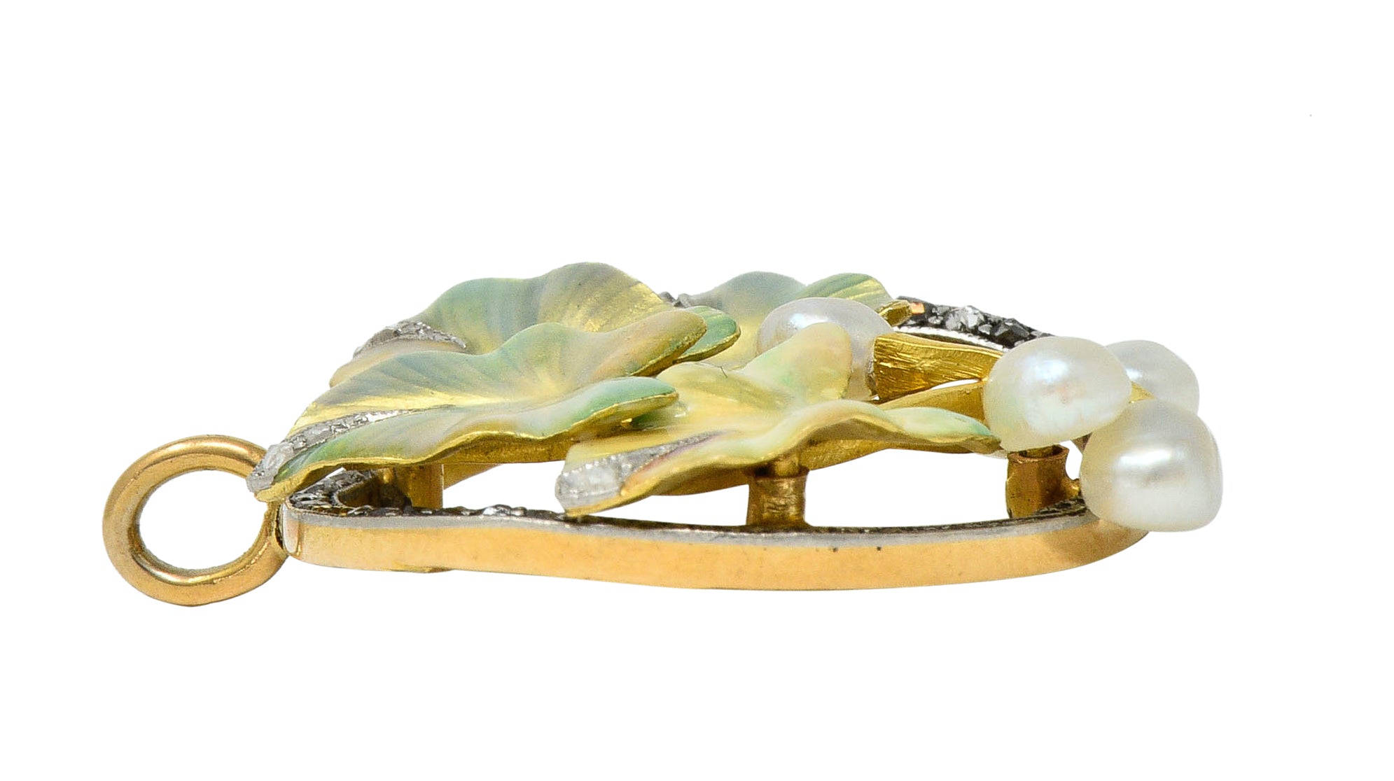 Art Nouveau Enamel Pearl Diamond Platinum-Topped 18 Karat Two-Tone Gold Ivy Broochcharm - Wilson's Estate Jewelry