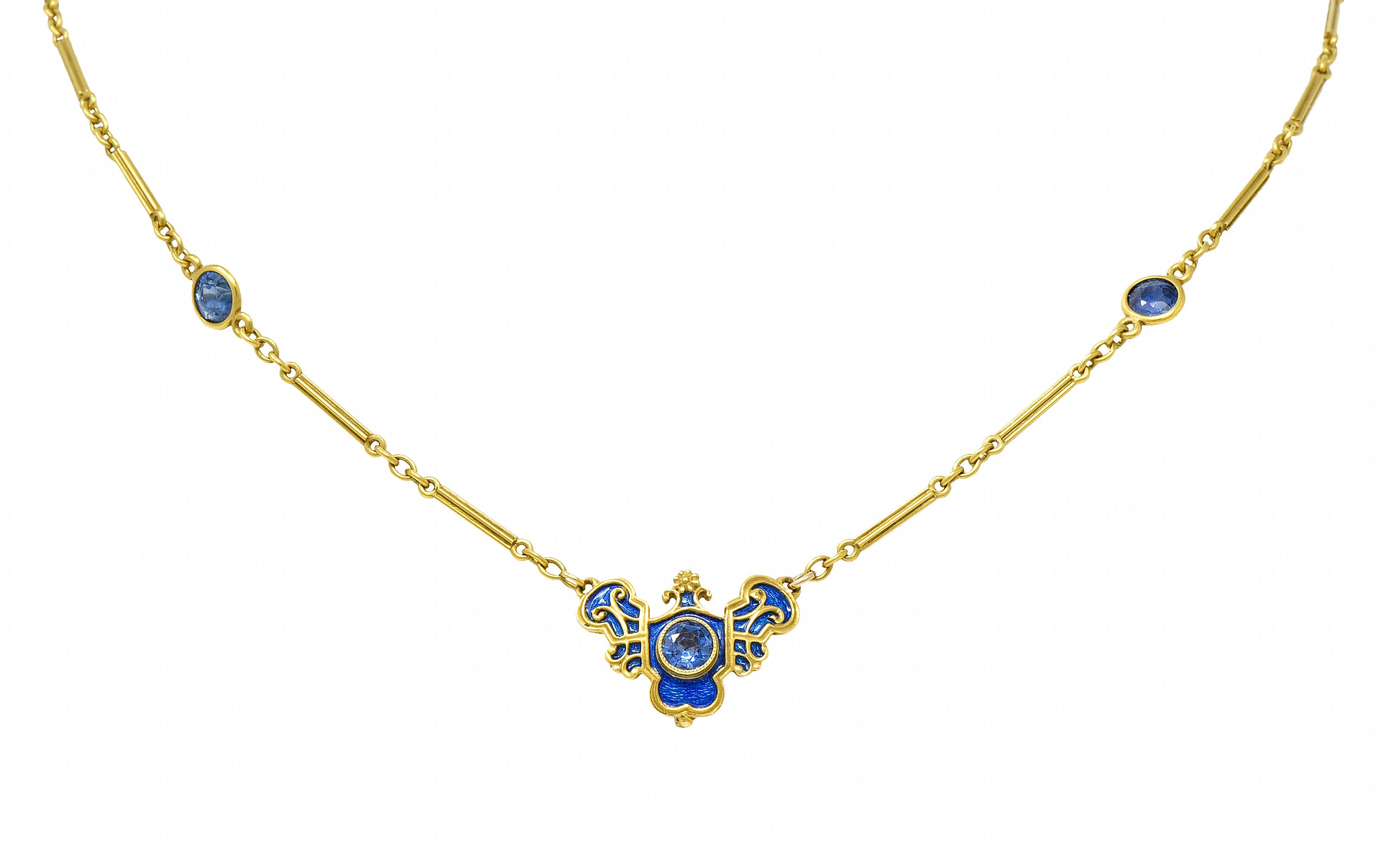 Art Nouveau Sapphire Enamel 14 Karat Gold Station NecklaceNecklace - Wilson's Estate Jewelry