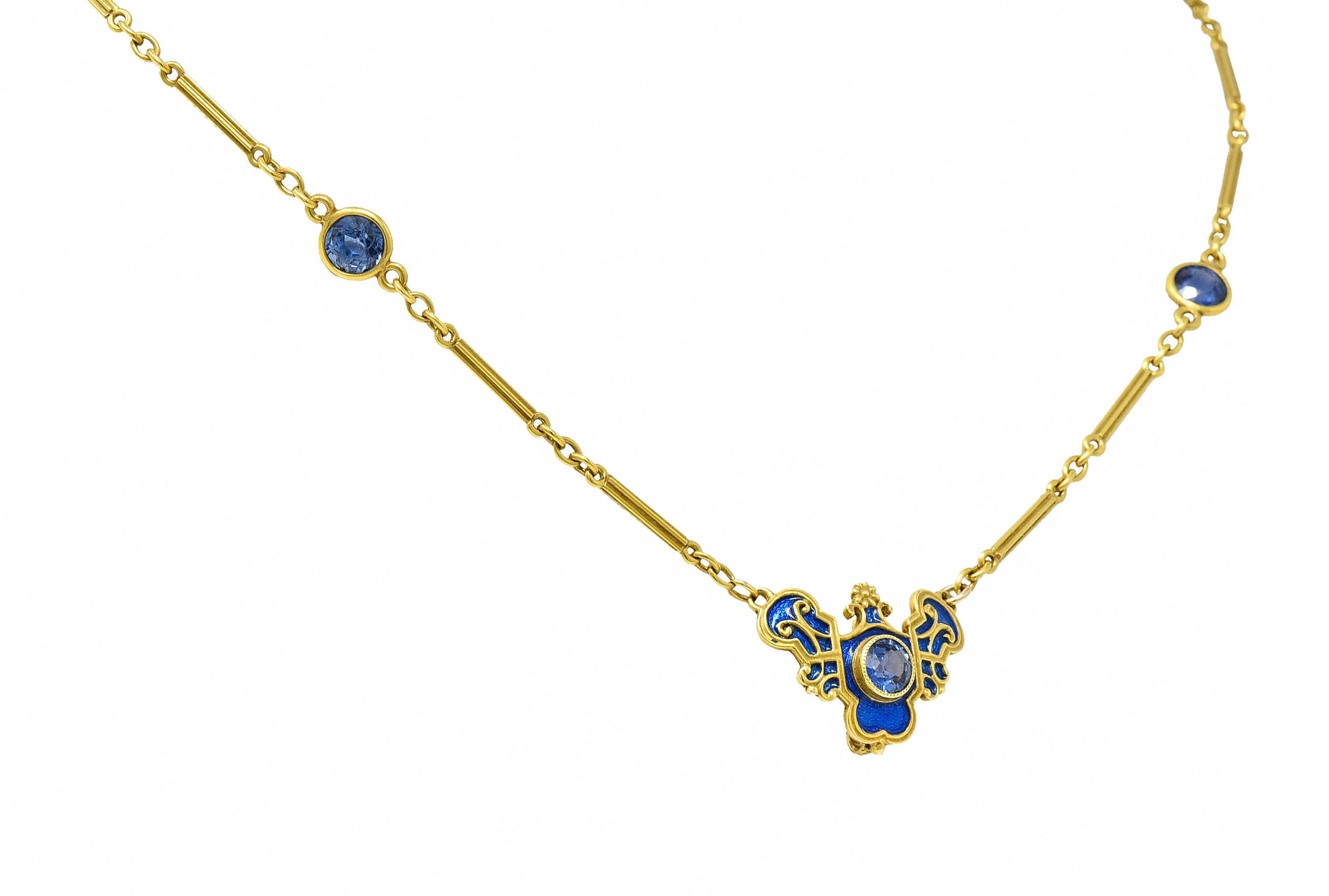 Art Nouveau Sapphire Enamel 14 Karat Gold Station NecklaceNecklace - Wilson's Estate Jewelry