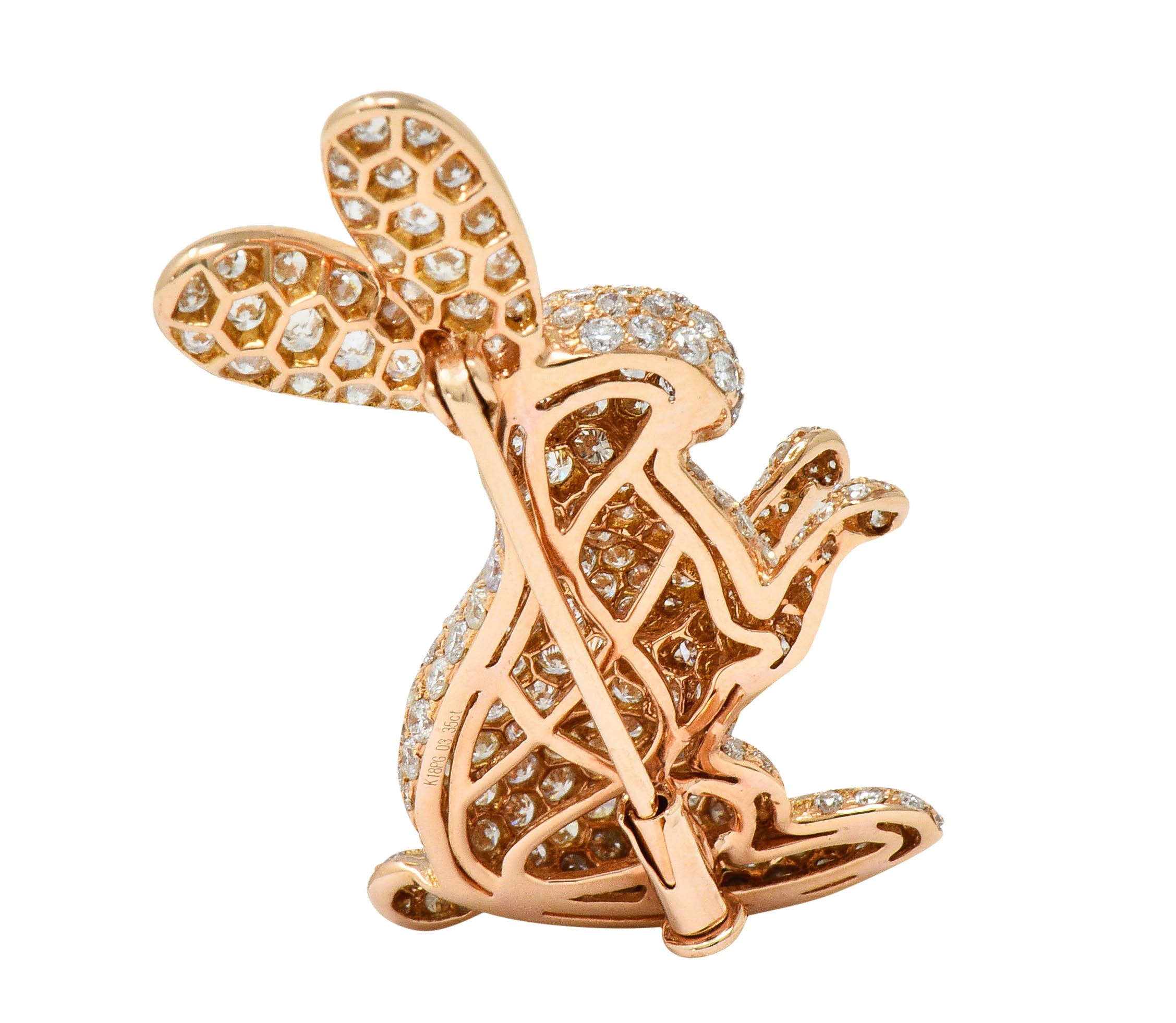 Contemporary 3.35 CTW Pave Diamond 18 Karat Rose Gold Bunny Rabbit BroochBrooch - Wilson's Estate Jewelry