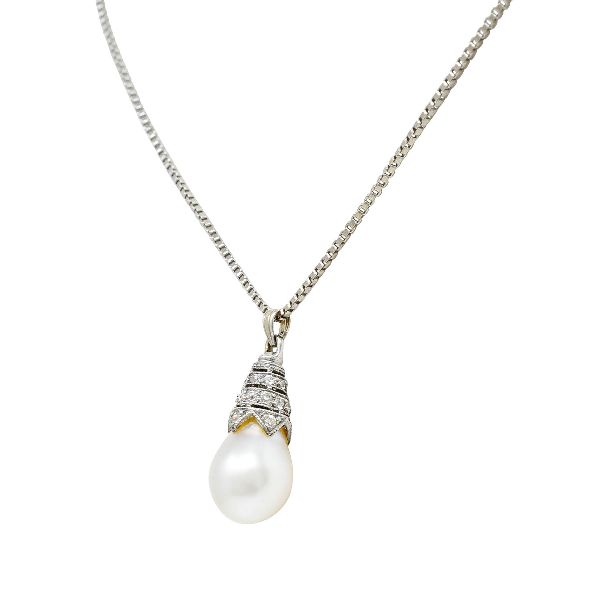 Art Deco Diamond Pearl 14 Karat White Gold Drop NecklaceNecklace - Wilson's Estate Jewelry