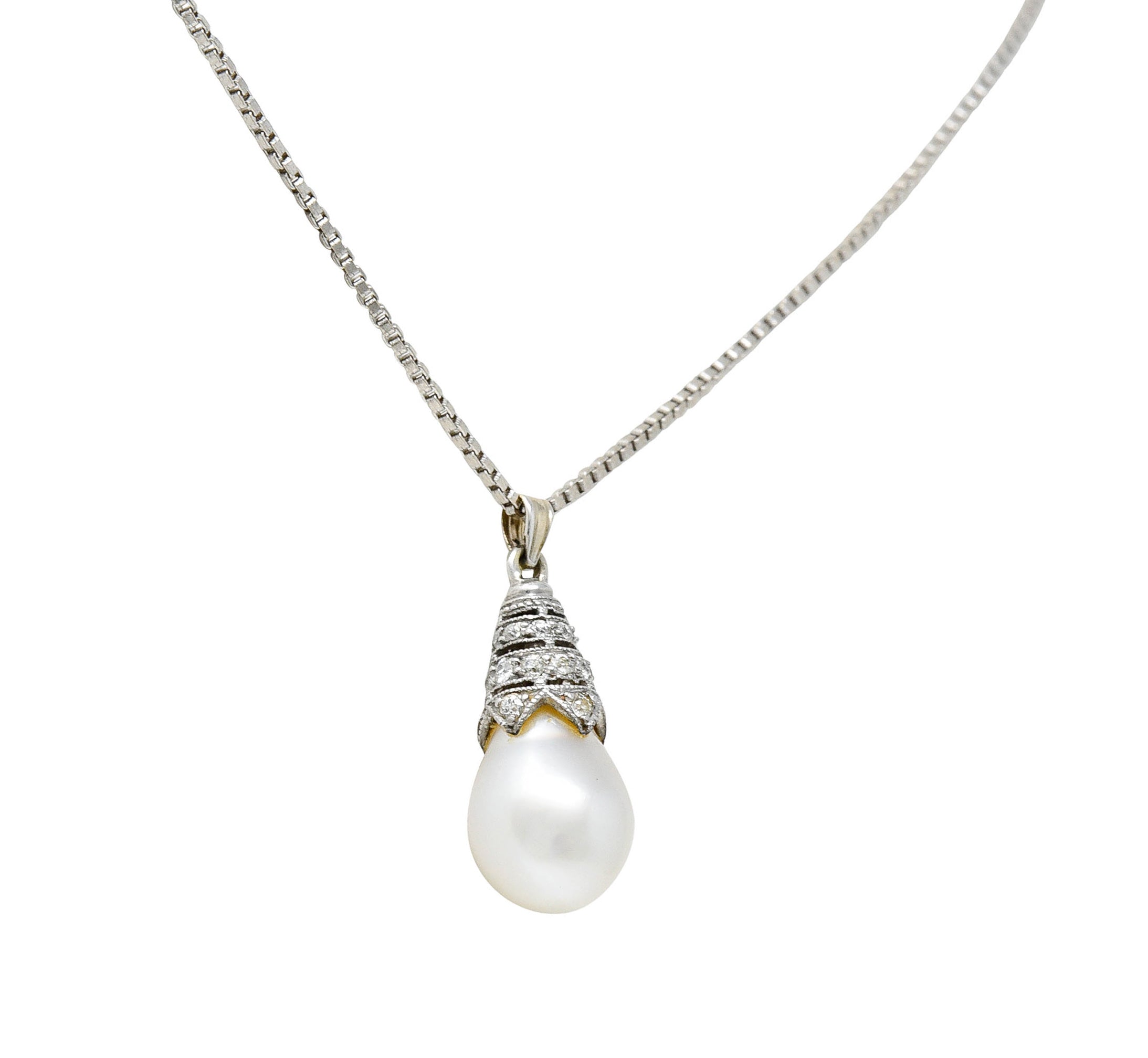 Art Deco Diamond Pearl 14 Karat White Gold Drop NecklaceNecklace - Wilson's Estate Jewelry