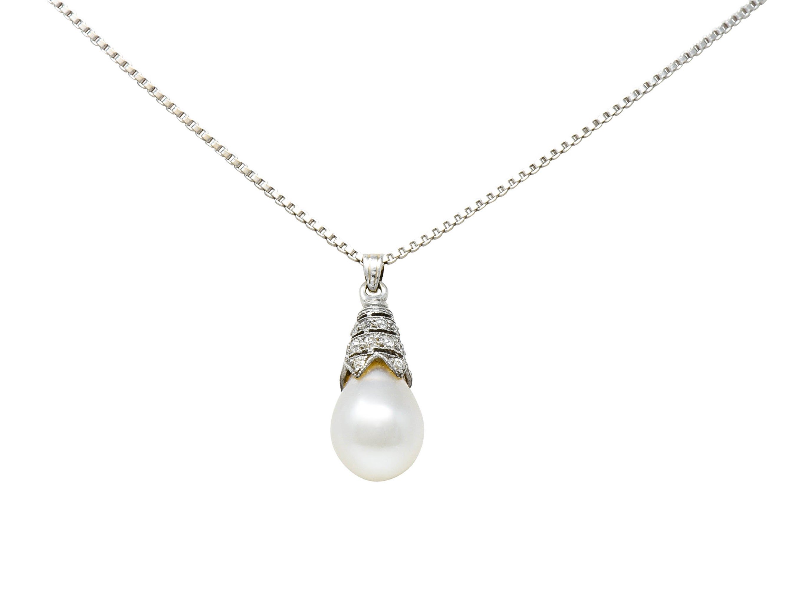 Art Deco Diamond Pearl 14 Karat White Gold Drop NecklaceNecklace - Wilson's Estate Jewelry