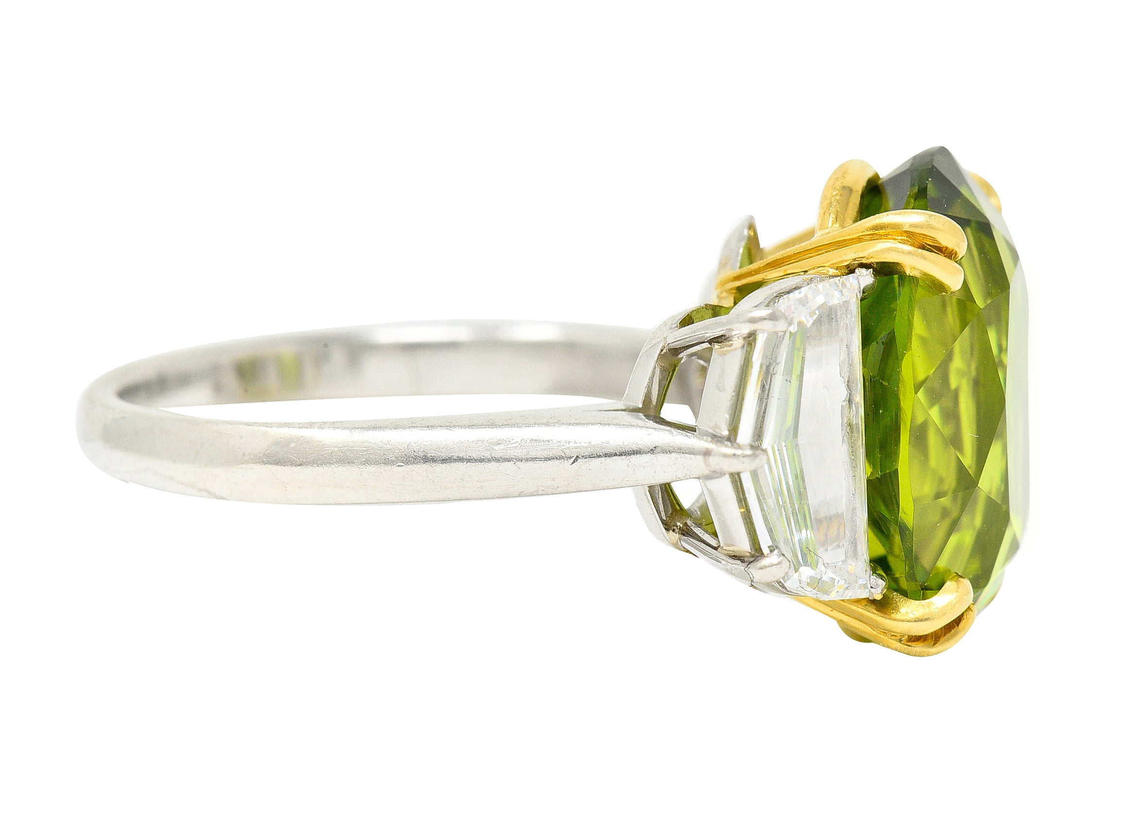 Contemporary 10.51 CTW Oval Cut Peridot Half Moon Step-Cut Diamond Platinum 18 Karat Yellow Gold Three Stone Ring Wilson's Estate Jewelry