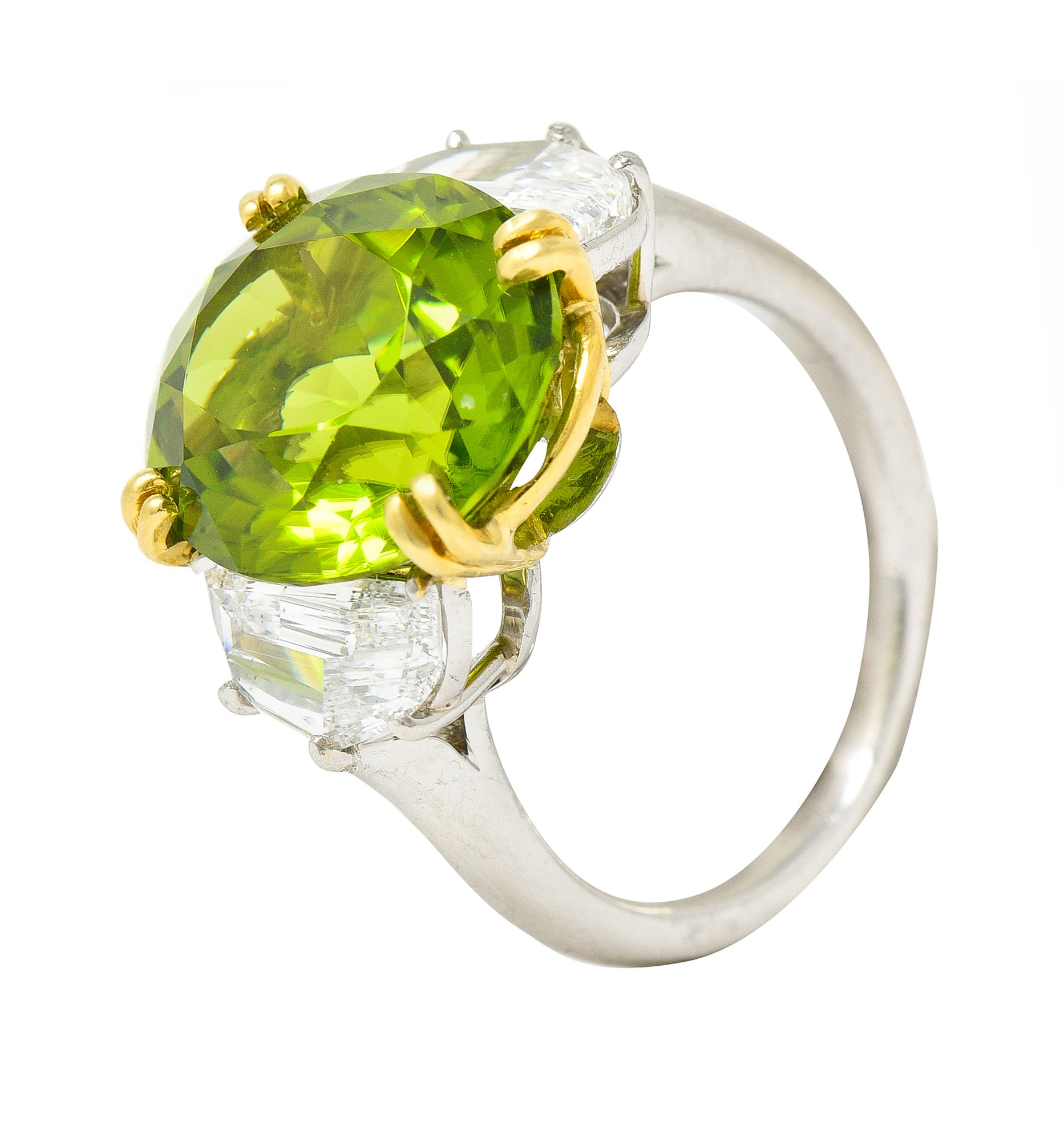 Contemporary 10.51 CTW Oval Cut Peridot Half Moon Step-Cut Diamond Platinum 18 Karat Yellow Gold Three Stone Ring Wilson's Estate Jewelry