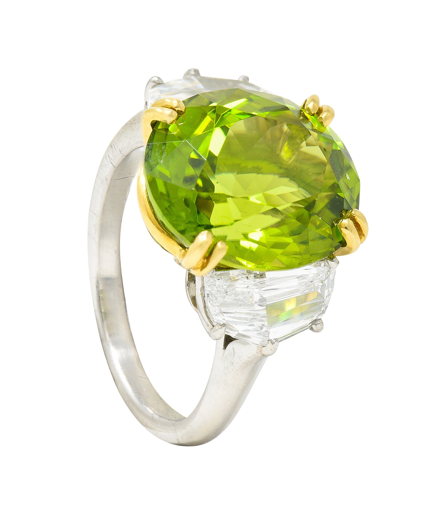 Contemporary 10.51 CTW Oval Cut Peridot Half Moon Step-Cut Diamond Platinum 18 Karat Yellow Gold Three Stone Ring Wilson's Estate Jewelry