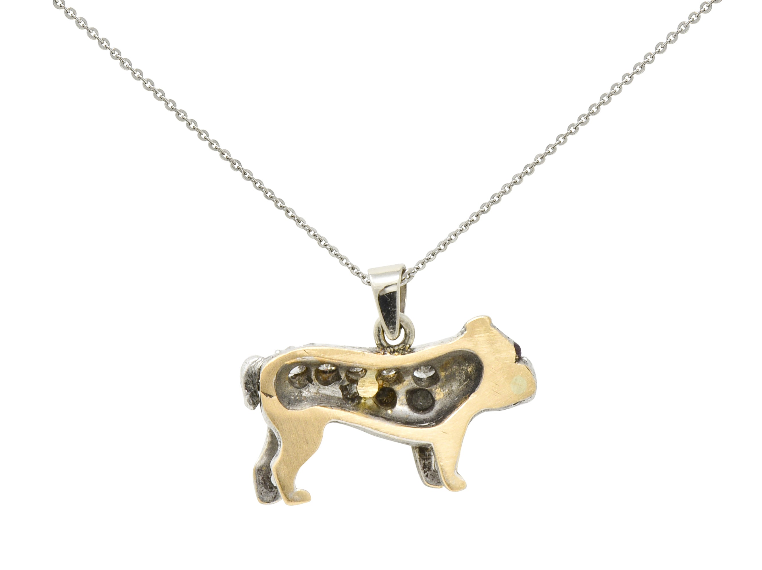 Victorian 2.10 CTW Pave Diamond Silver-Topped Gold Bulldog Pendant Necklace - Wilson's Estate Jewelry