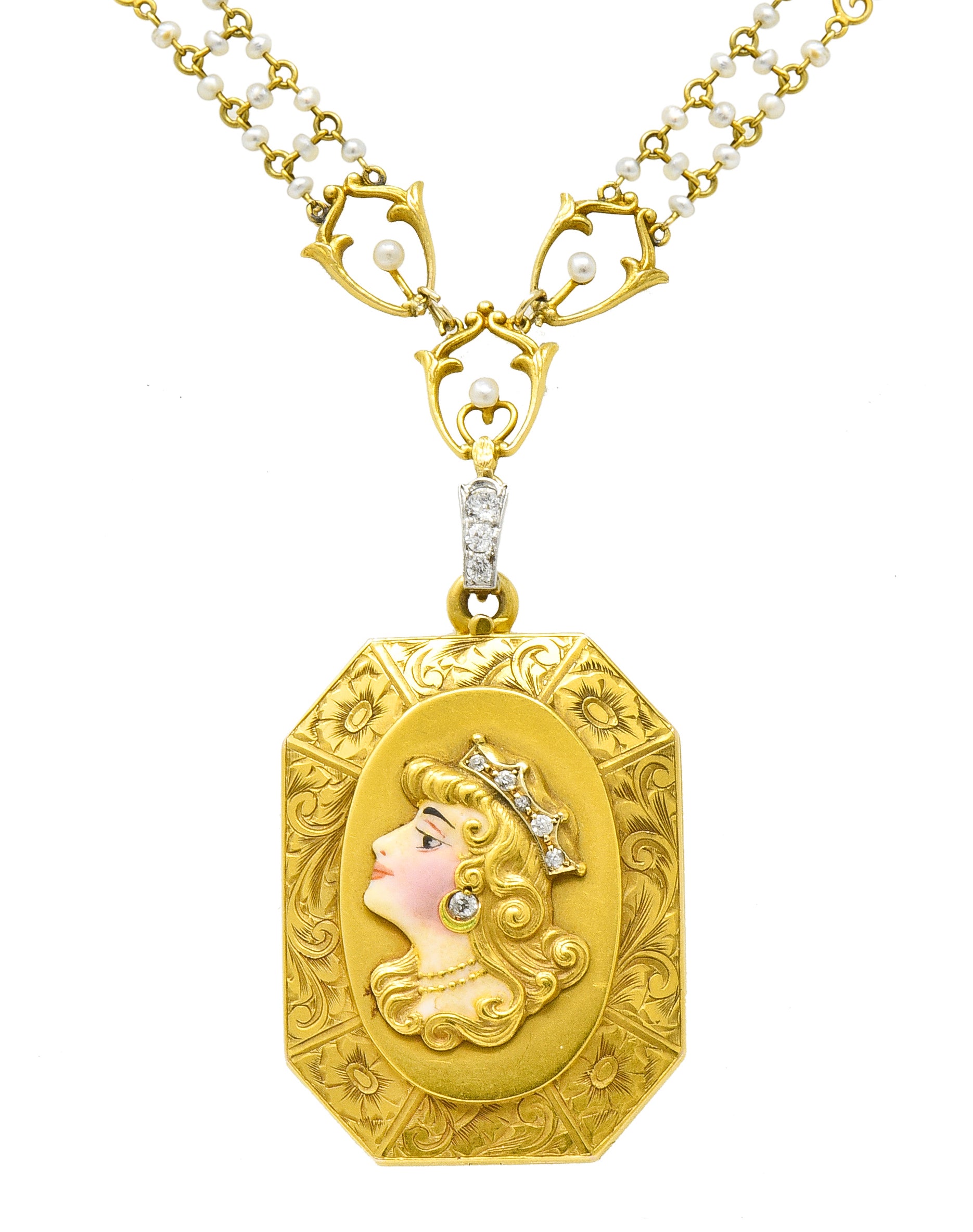 Art Nouveau Enamel Diamond Pearl 14 Karat Gold Princess Locket Necklace - Wilson's Estate Jewelry