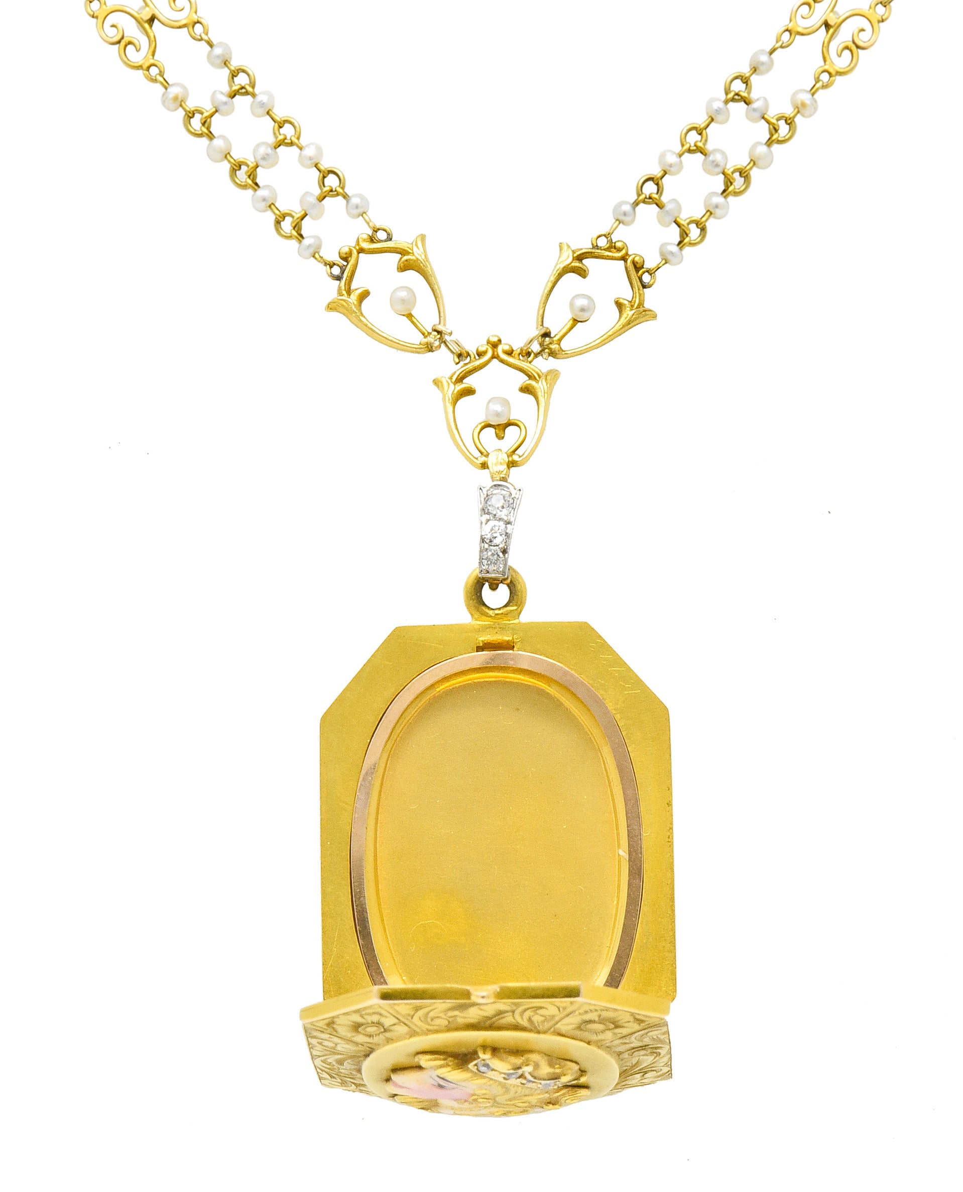 Art Nouveau Enamel Diamond Pearl 14 Karat Gold Princess Locket Necklace - Wilson's Estate Jewelry