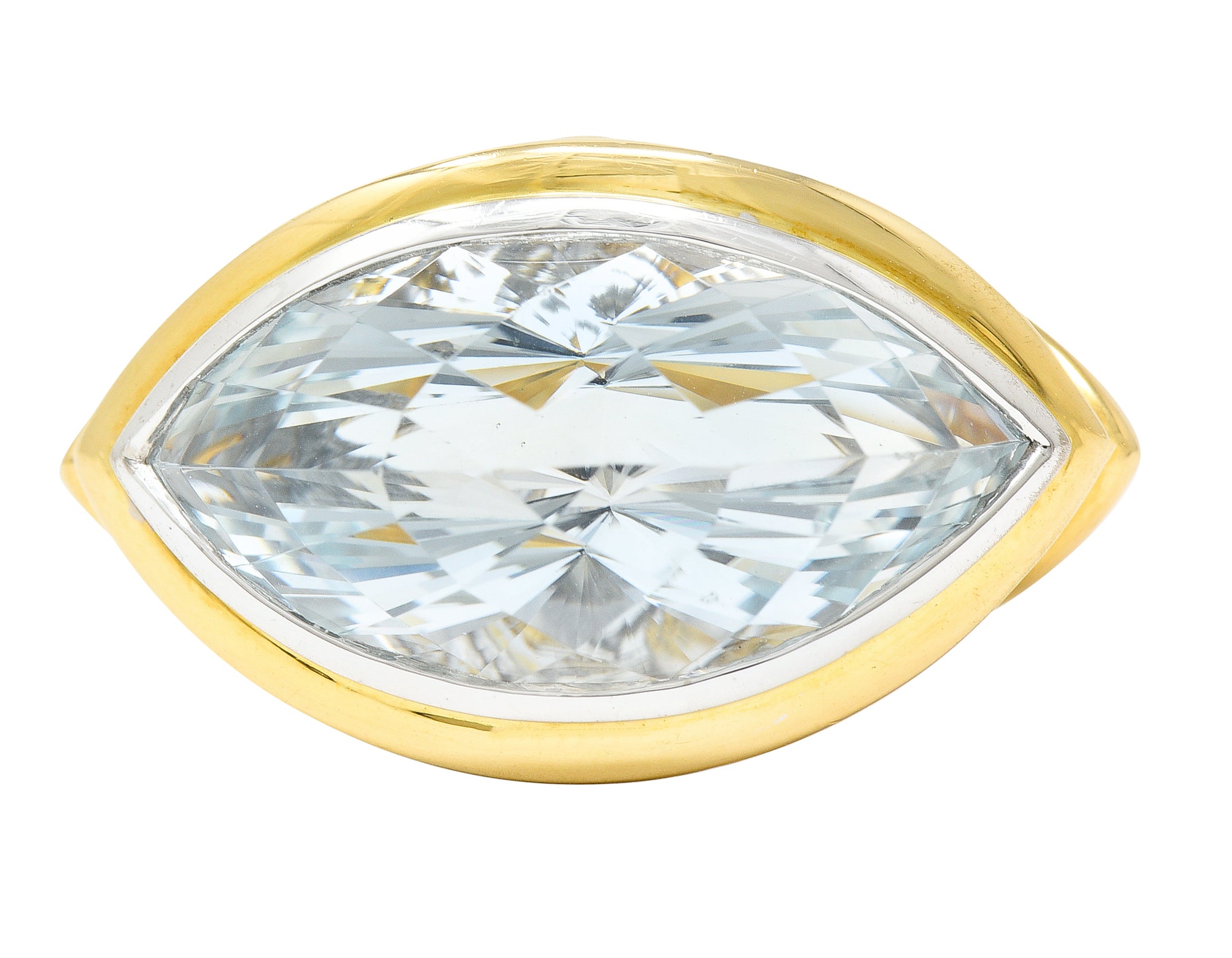 John Hardy Contemporary Navette Cut Aquamarine 18 Karat Two-Tone Gold Cocktail Ring Wilson's Estate Jewelry