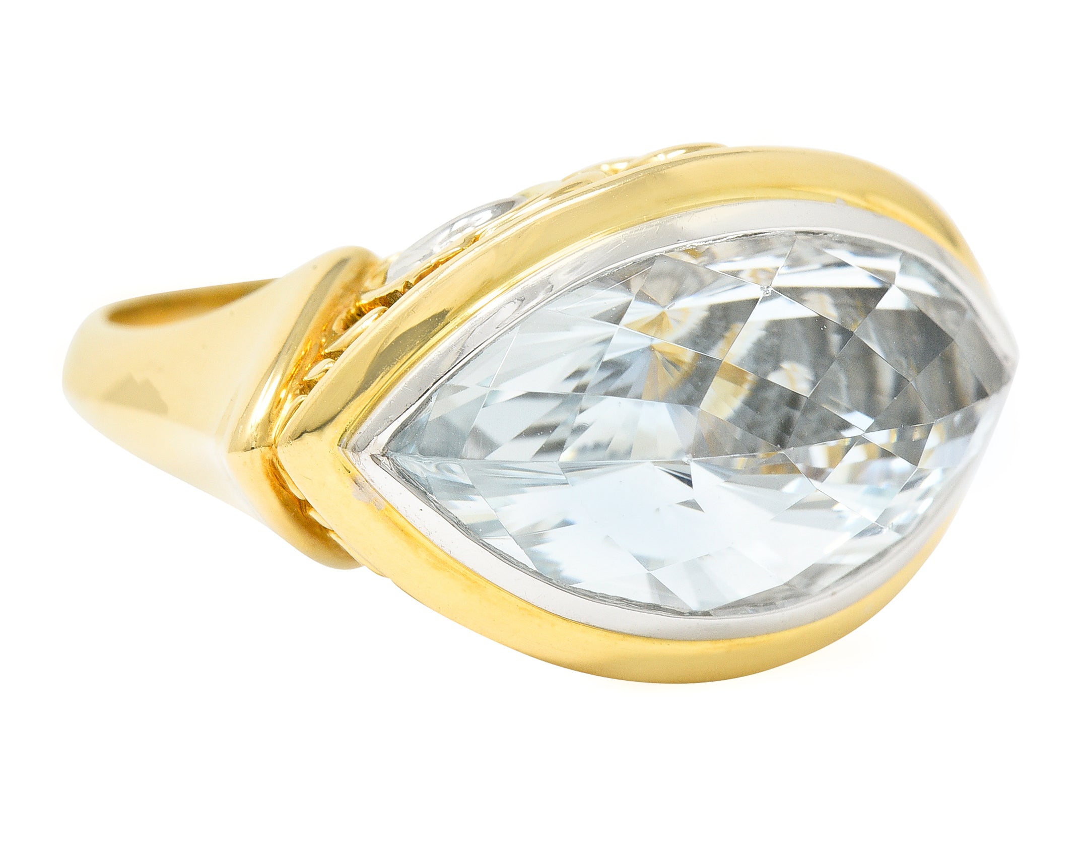 John Hardy Contemporary Navette Cut Aquamarine 18 Karat Two-Tone Gold Cocktail Ring Wilson's Estate Jewelry