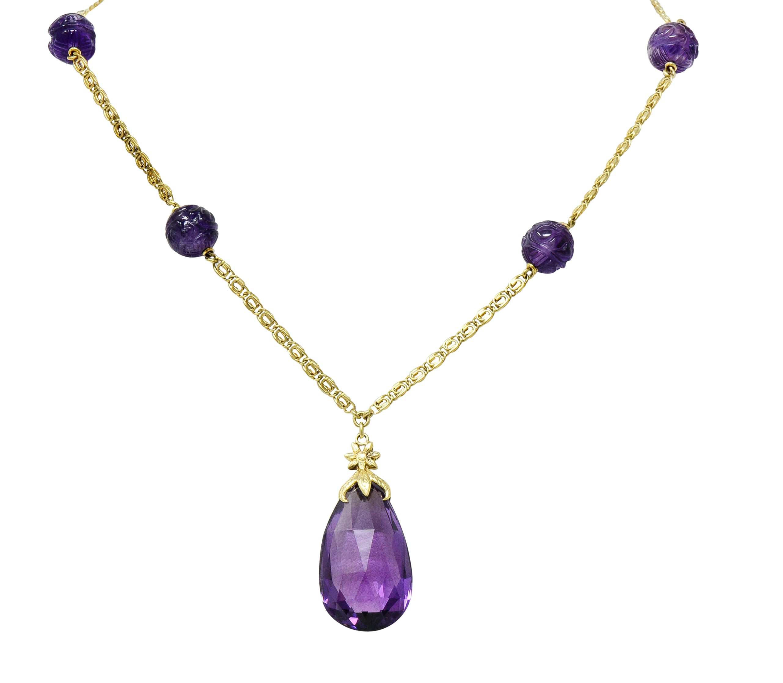 Art Nouveau Carved & Faceted Amethyst 14 Karat Gold Drop NecklaceNecklace - Wilson's Estate Jewelry