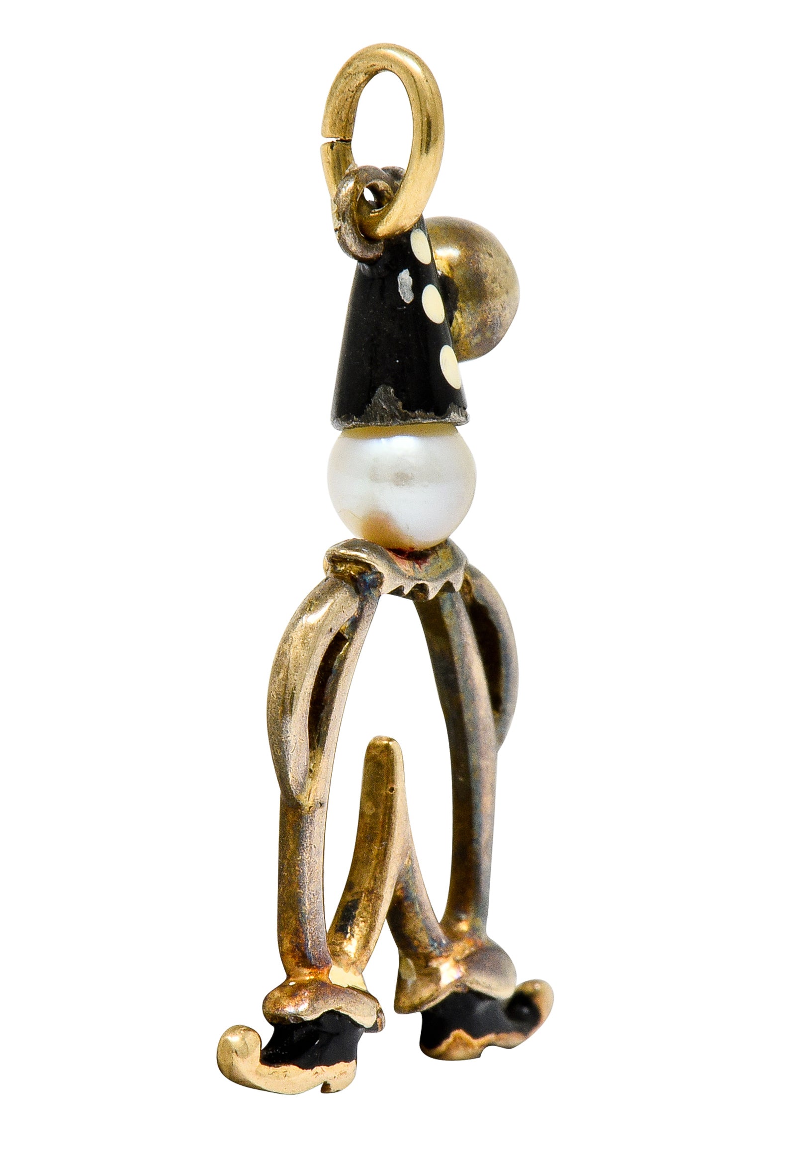 Art Deco Pearl Enamel 14 Karat Gold Pierrot Clown Charm - Wilson's Estate Jewelry