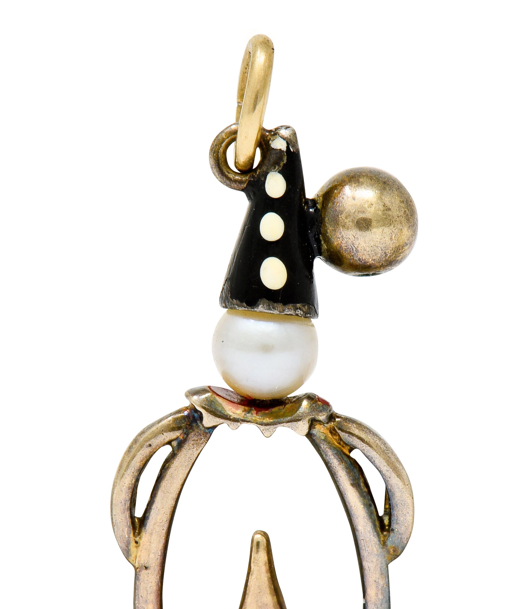 Art Deco Pearl Enamel 14 Karat Gold Pierrot Clown Charm - Wilson's Estate Jewelry