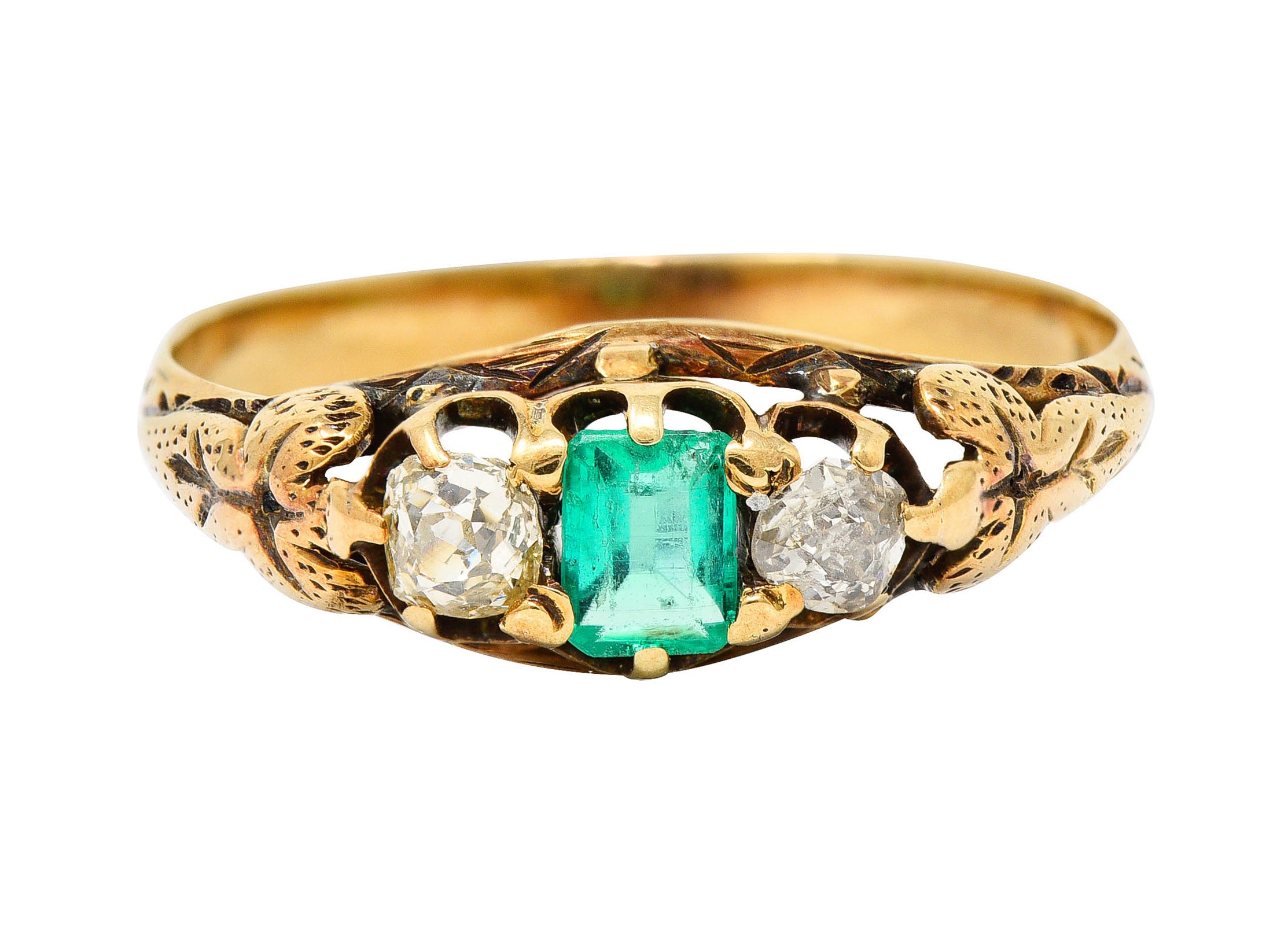 Art Nouveau 0.47 Emerald Diamond 14 Karat Gold Foliate Band RingRing - Wilson's Estate Jewelry