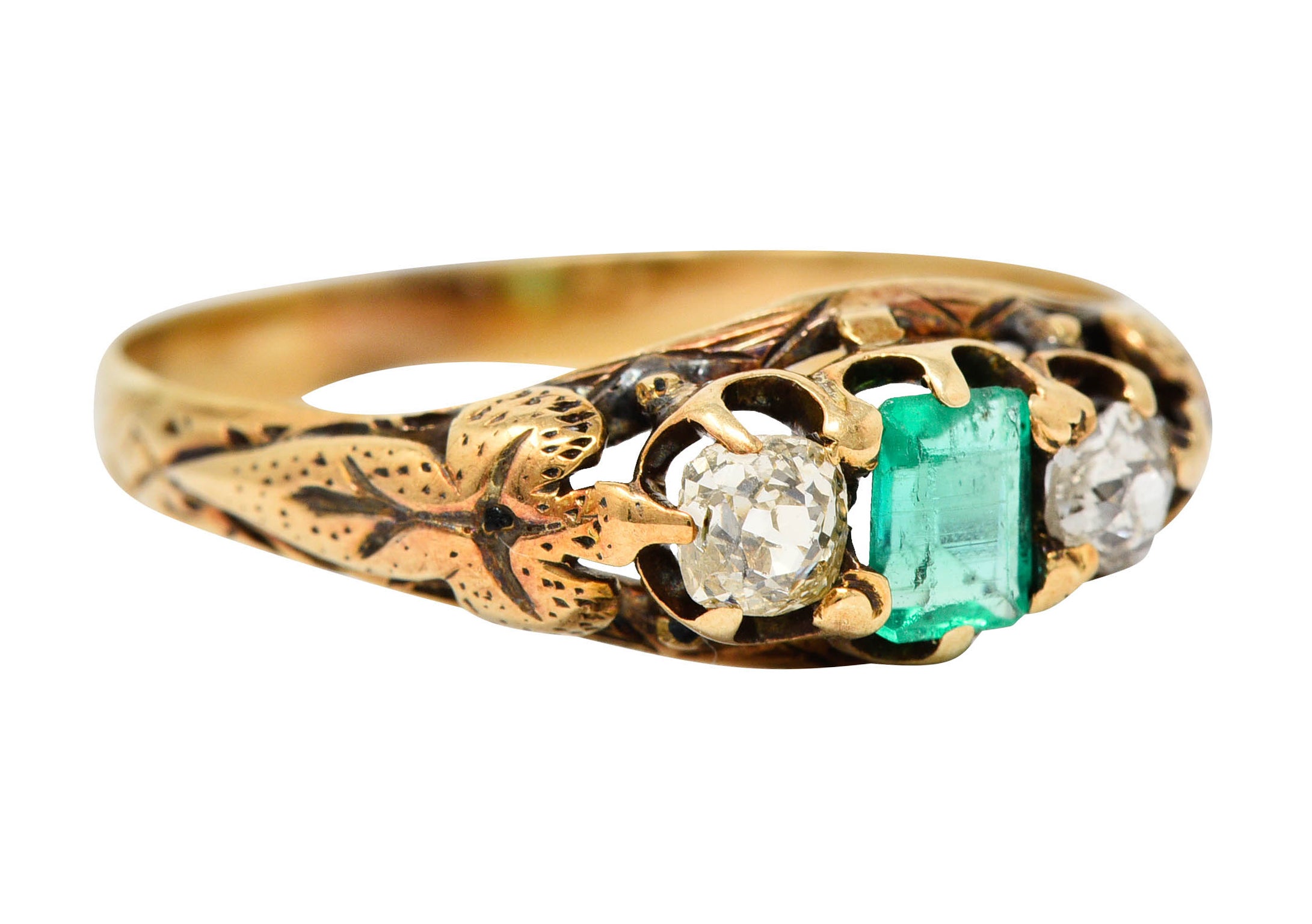 Art Nouveau 0.47 Emerald Diamond 14 Karat Gold Foliate Band RingRing - Wilson's Estate Jewelry