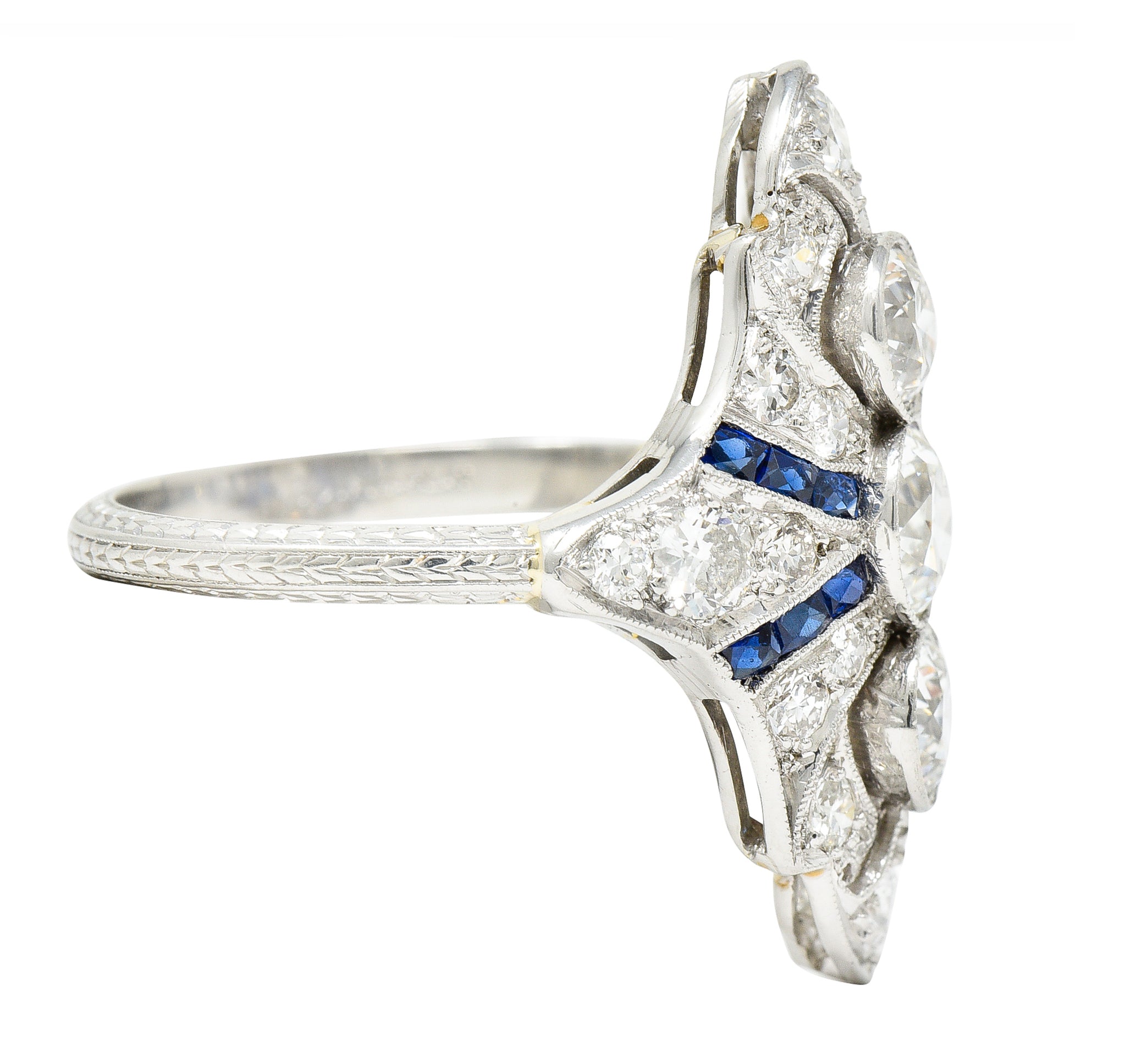 Art Deco 2.45 CTW Old European Cut Diamond French Cut Sapphire Platinum Navette Wheat Dinner Ring Wilson's Estate Jewelry