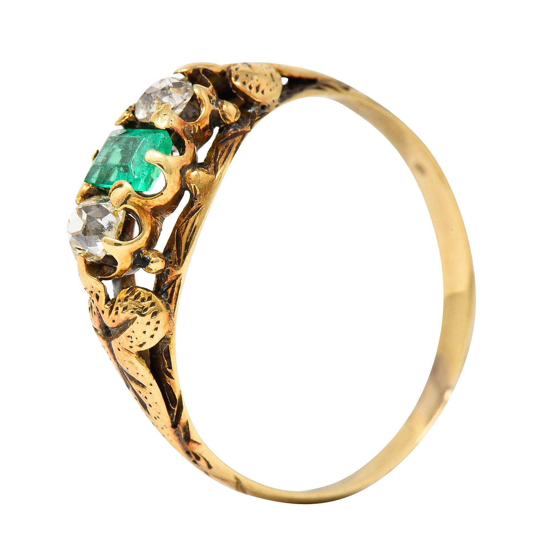 Art Nouveau 0.47 Emerald Diamond 14 Karat Gold Foliate Band RingRing - Wilson's Estate Jewelry