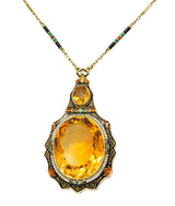 Substantial Art Deco Citrine Pearl Enamel 14 Karat Gold Statement