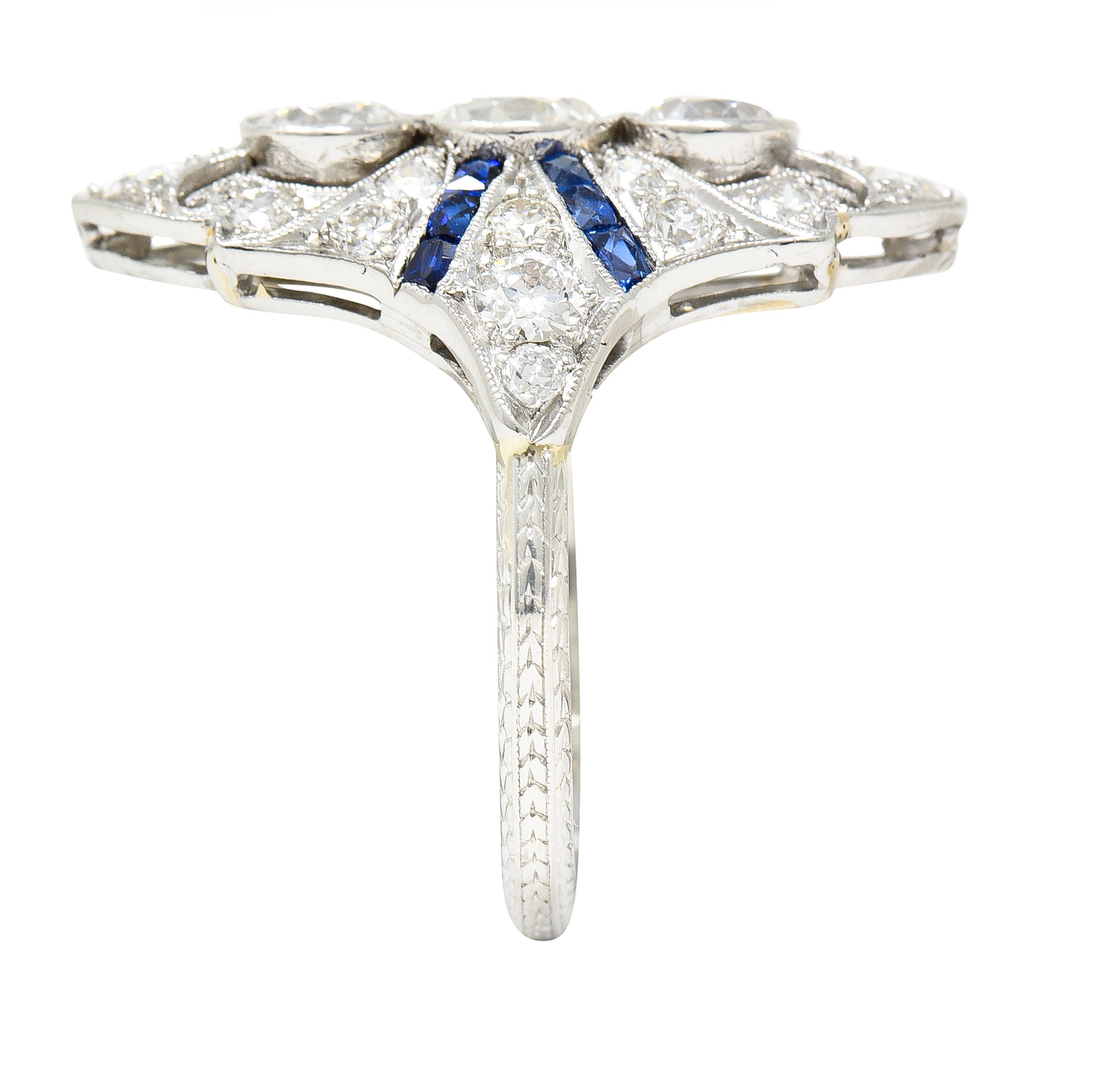 Art Deco 2.45 CTW Old European Cut Diamond French Cut Sapphire Platinum Navette Wheat Dinner Ring Wilson's Estate Jewelry