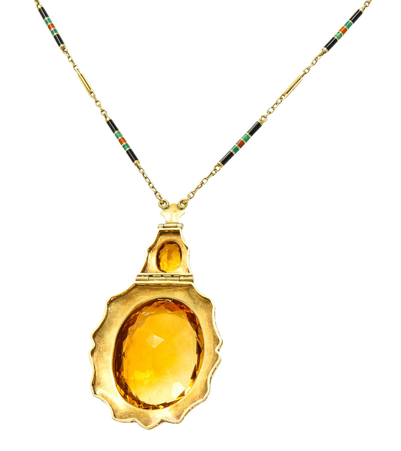 Substantial Art Deco Citrine Pearl Enamel 14 Karat Gold Statement