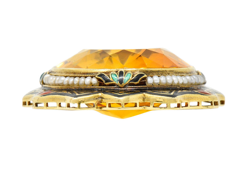 Substantial Art Deco Citrine Pearl Enamel 14 Karat Gold Statement Sautoir  Necklace