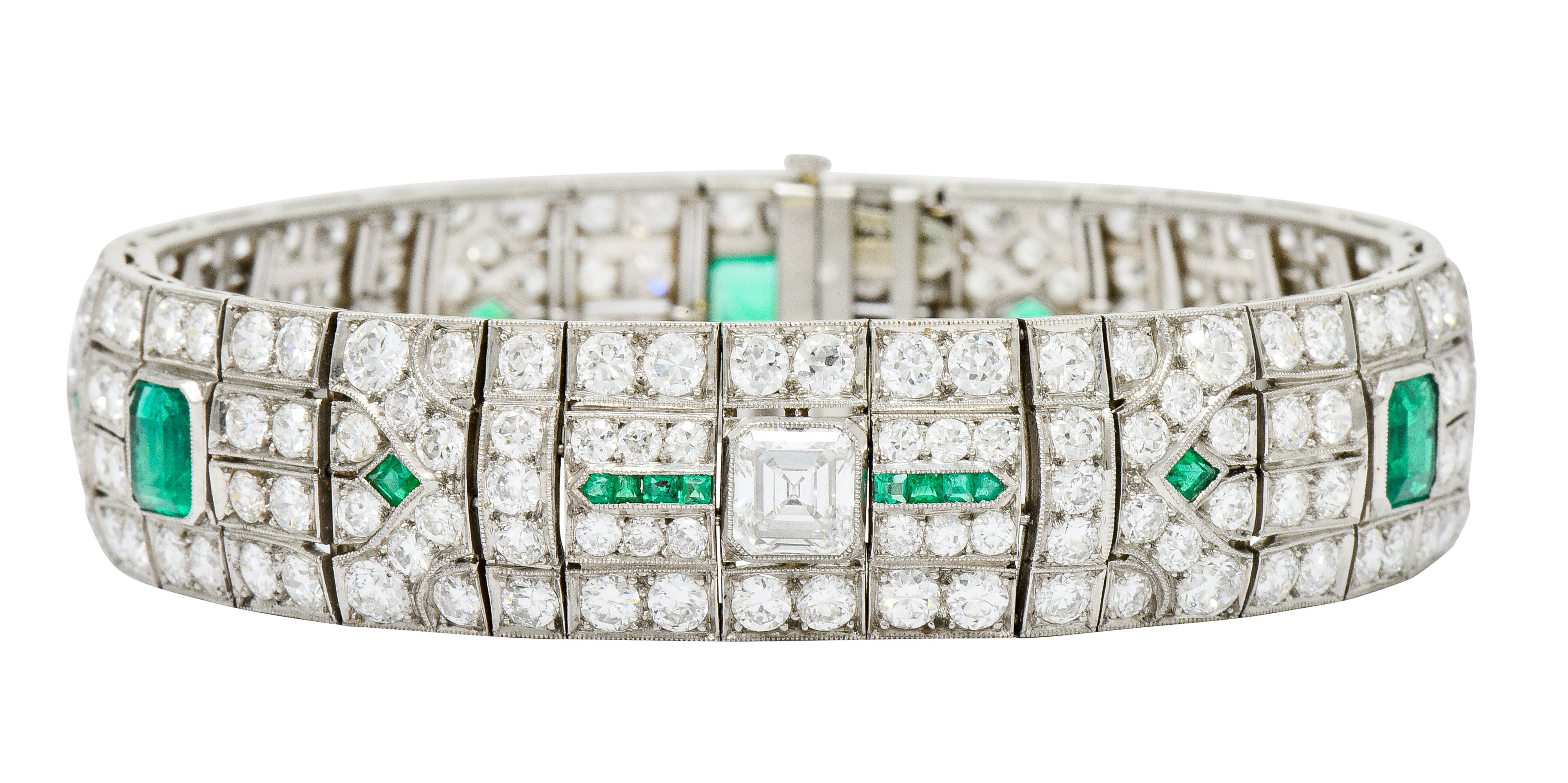 Exceptional Art Deco 23.96 CTW Diamond Emerald Platinum Geometric Link Bracelet - Wilson's Estate Jewelry