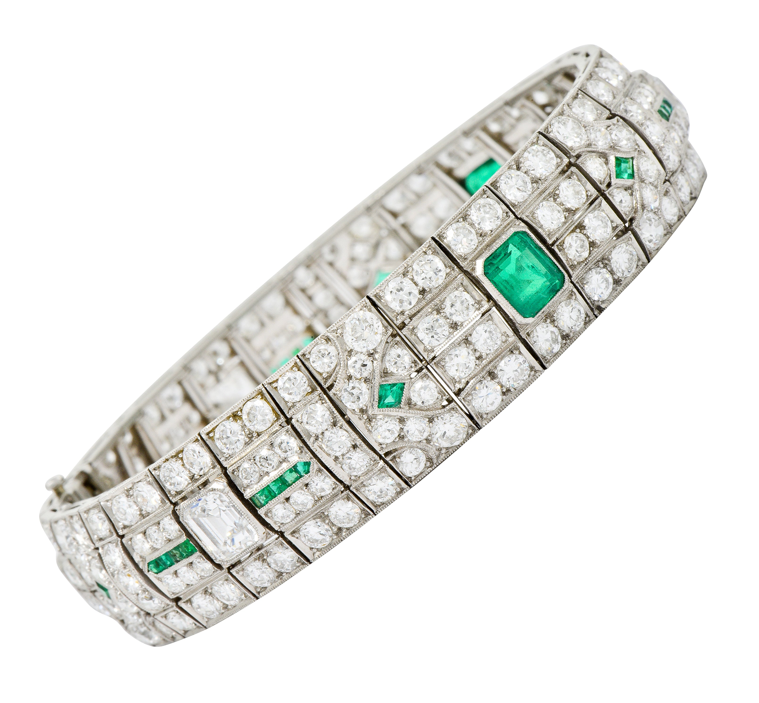 Exceptional Art Deco 23.96 CTW Diamond Emerald Platinum Geometric Link Bracelet - Wilson's Estate Jewelry