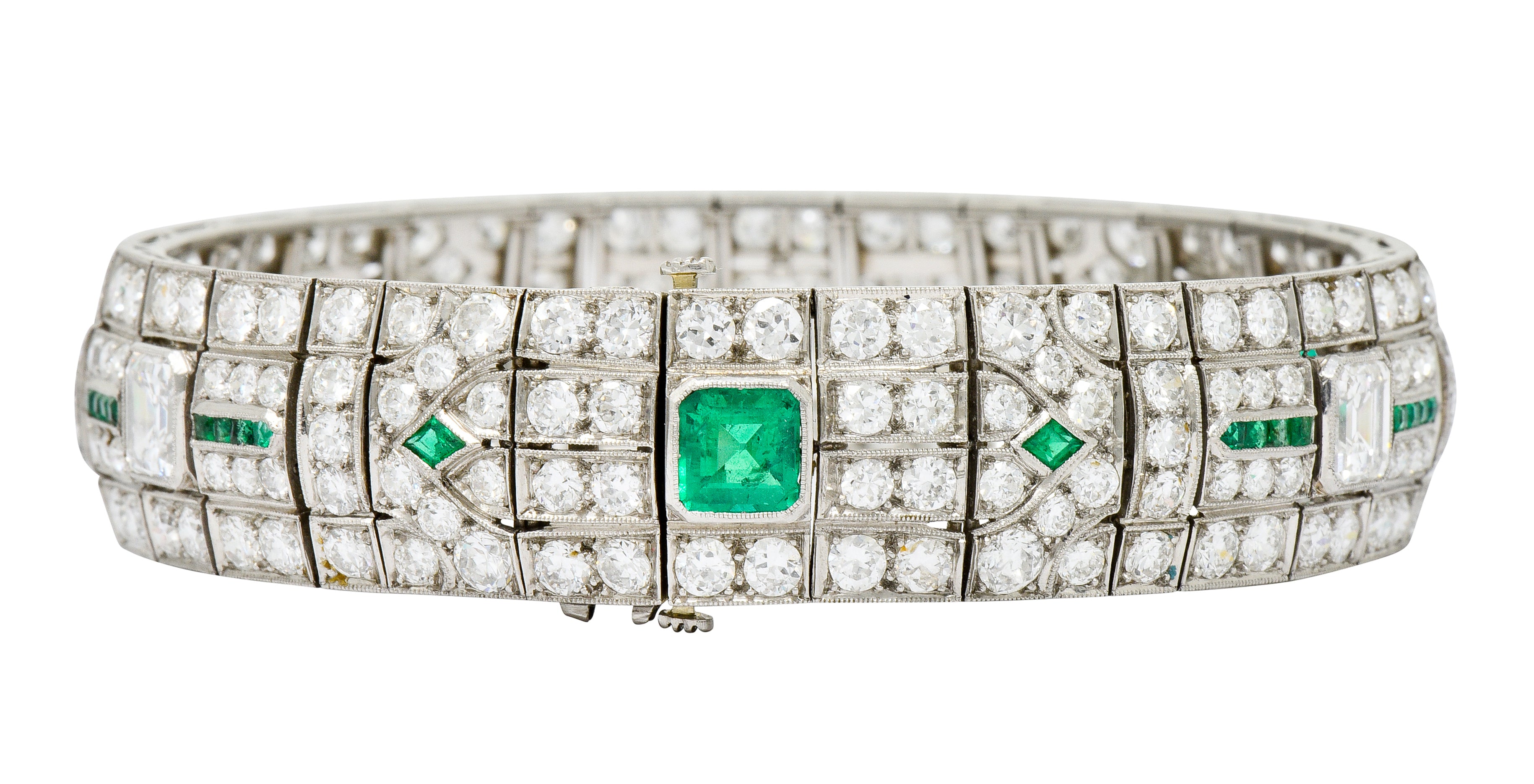 Exceptional Art Deco 23.96 CTW Diamond Emerald Platinum Geometric Link Bracelet - Wilson's Estate Jewelry