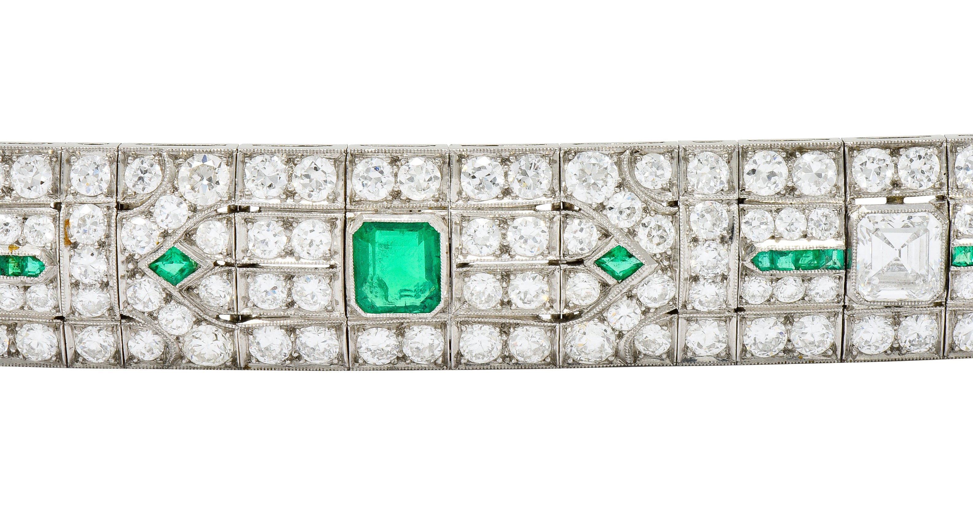 Exceptional Art Deco 23.96 CTW Diamond Emerald Platinum Geometric Link Bracelet - Wilson's Estate Jewelry